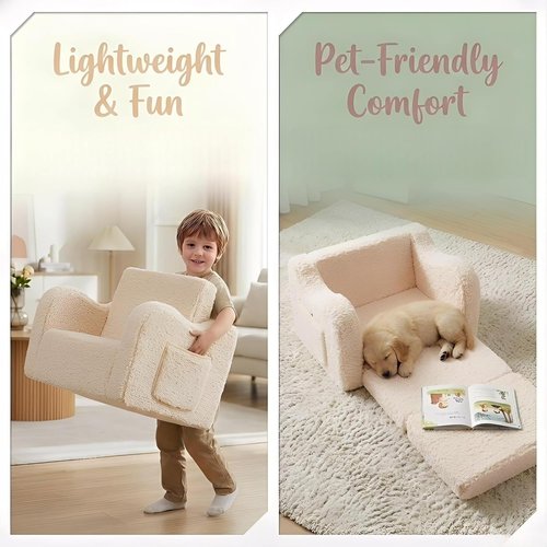 MOMCAYWEX Kids Sofa - 2-in-1 Flip-Out Foam Couch with Soft Sherpa Cover | Cozy Cream Lounge Chair