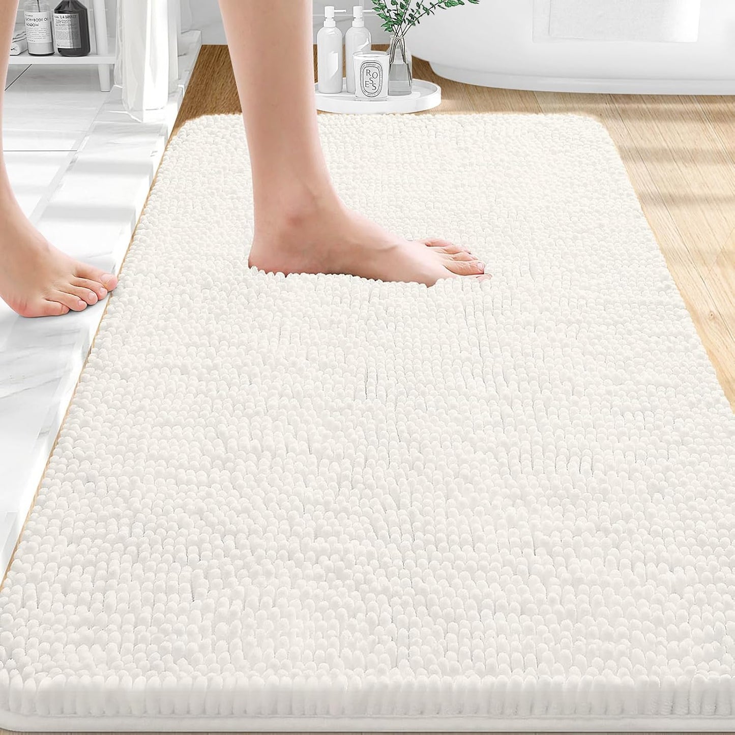 OLANLY Bathroom Rugs - Extra Soft Absorbent Chenille Bath Mats | 30x18, Quick Dry, Ivory