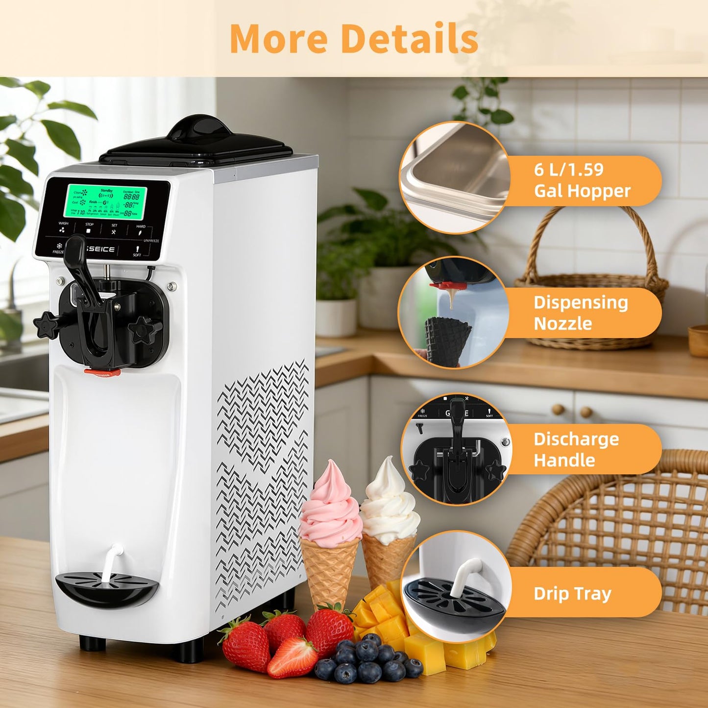 Ice Cream Machine – 3.5 Gals/H Single Flavor Ice Cream Maker 5 Inch Screen Soft Serve Ice Cream Machine with Pre-Cooling Soft Serve Machine with 1.6 Gals Tank for Home, Parties,Cafés,and School