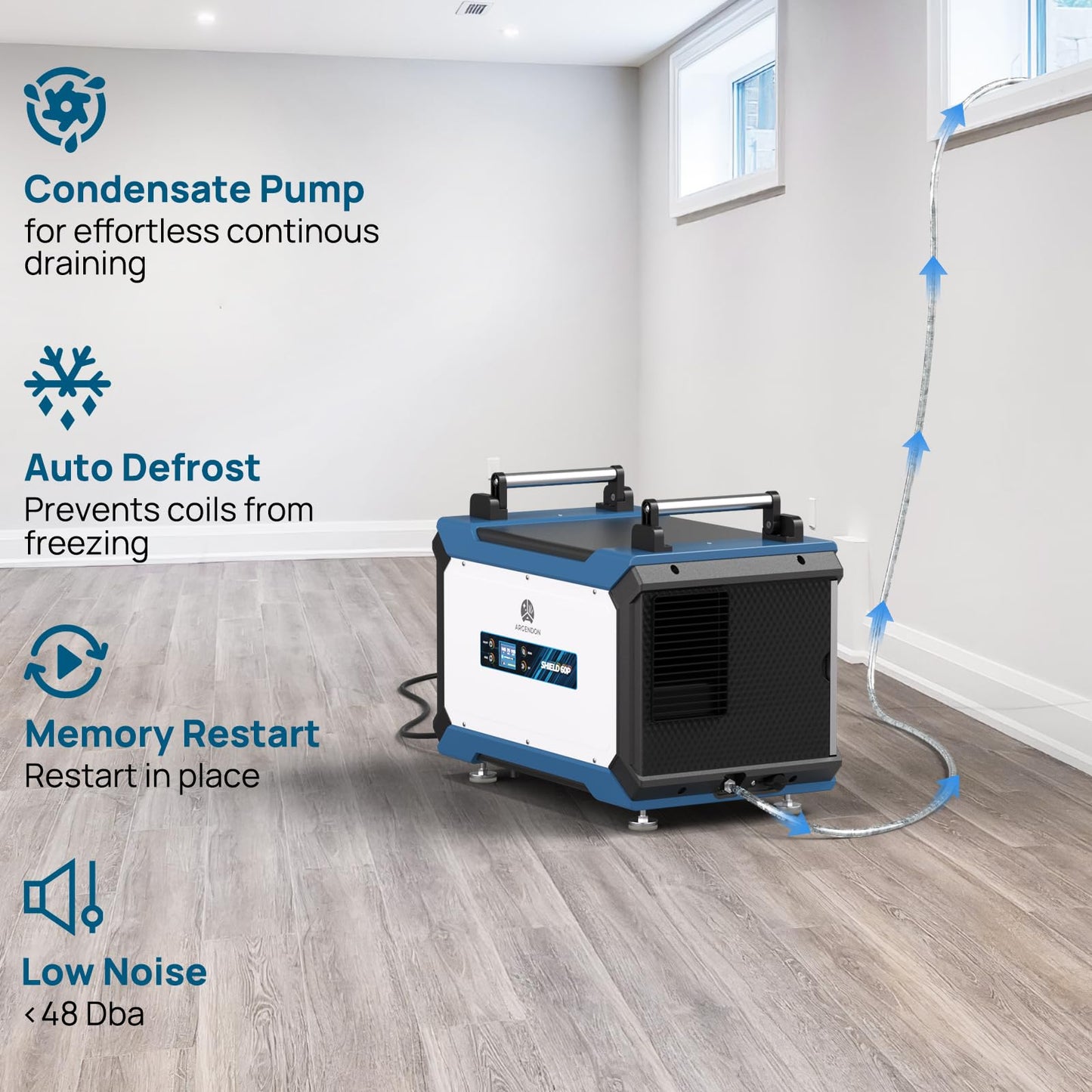 ARGENDON Crawl Spaces Dehumidifier with Pump and Drain Hose, 145 Pint Commercial Dehumidifier for Basement, Large Spaces, Auto Defrost, Compact, 5 Years Limited Warranty