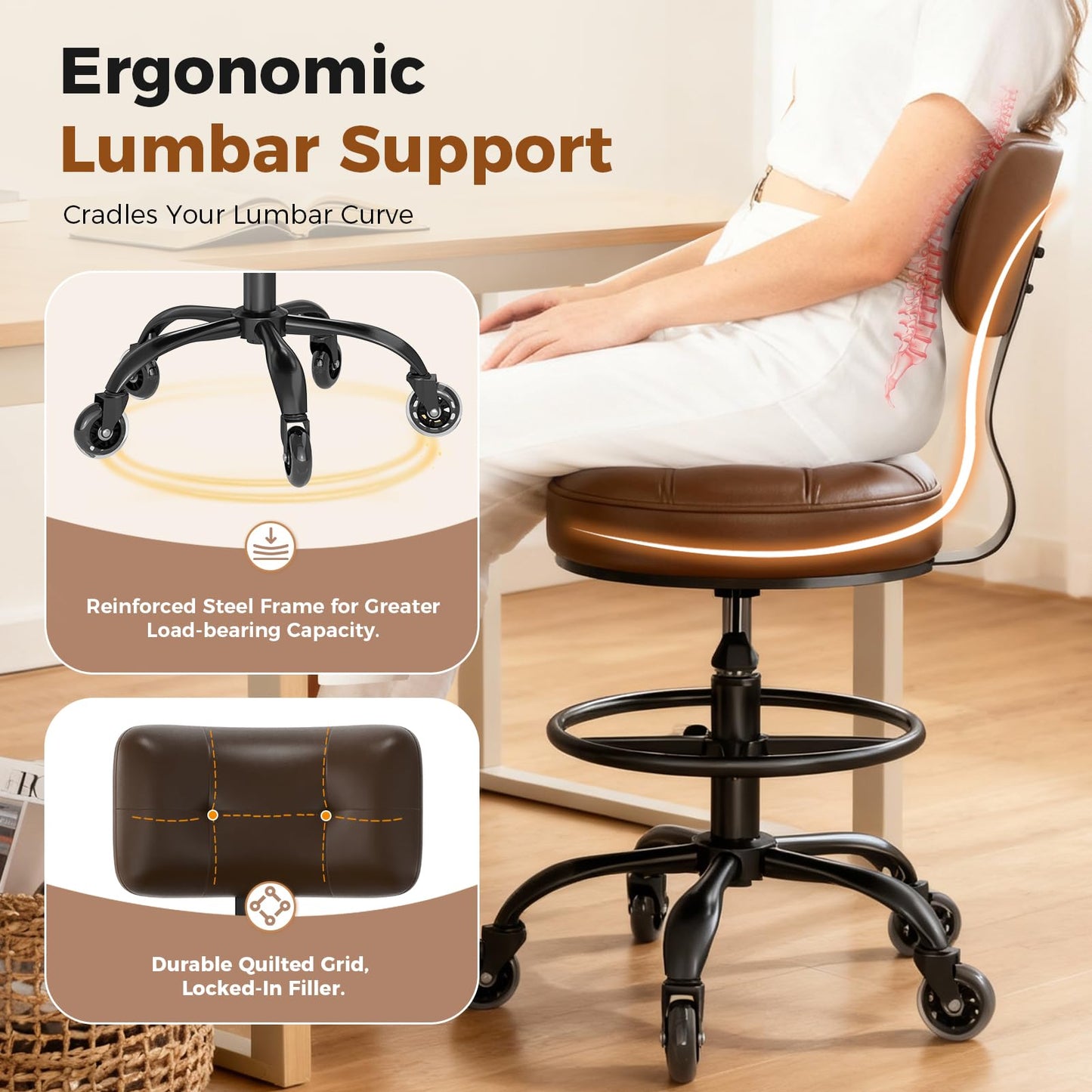 FREEKYROCK Office Drafting Chair with Footrest, Tall Height Adjustable Stool with Back Support, Heavy Duty Rolling Stool Chair with Wheels for Office Home Kitchen Bar Shop Guitar Studio Vanity, Brown