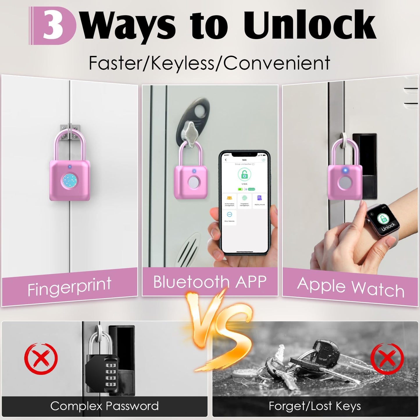 Fingerprint Padlock,Smart Padlock APP Control,Fingerprint Locker Lock,Gym Lock USB Rechargeable for Gym Locker,Locker, School,Storage Pink