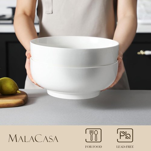 MALACASA Extra Large Serving Bowls Set of 2 - 114 OZ Porcelain White Bowls for Salad, Soup & Pasta