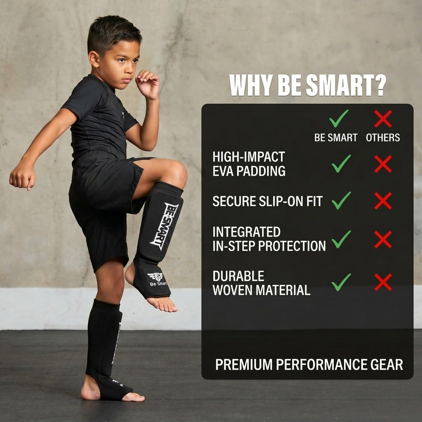 Kids Shin Instep Pads MMA Leg Foot Guards Muay Thai Kick Boxing Guard Protector (Black, XXS (9 to 13 Years))