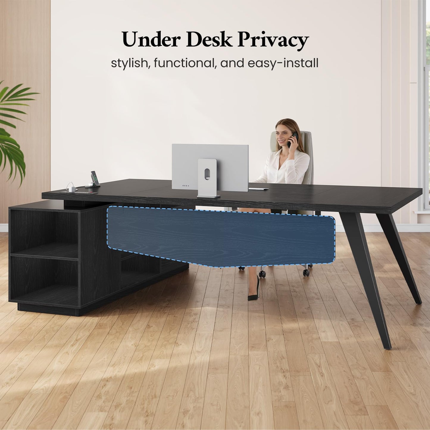 70.3 inch L Shaped Executive Desk with Power Outlets, Large Home Office Desk with Storage Drawers and File Cabinet, Modern Computer Desk with Shelves, Black Business Furniture, Square Tapered Legs