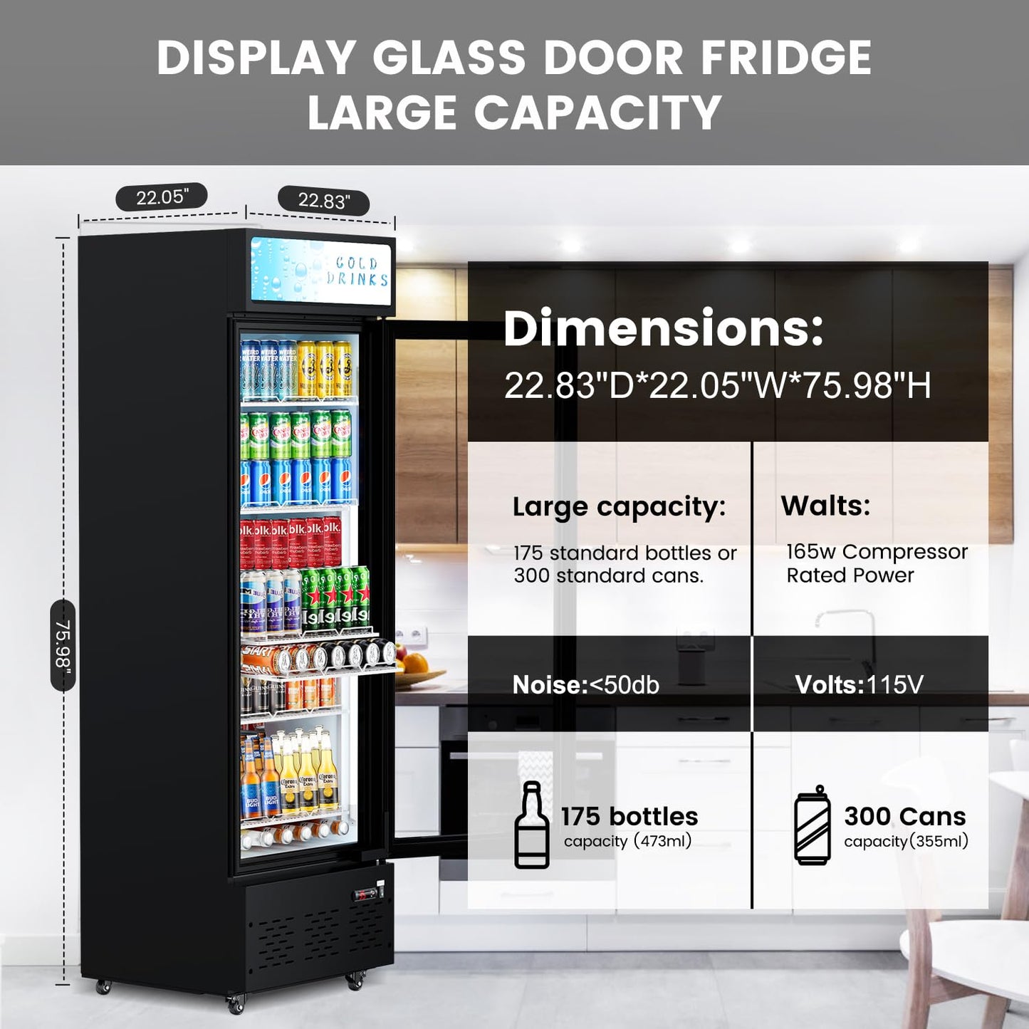 FreezLabs Glass Door Refrigerator Commercial Beverage Refrigerators with LED Light, 11 Cu.ft and 5 Shelves, Display Refrigerator for Cafe Restaurant Store Bar