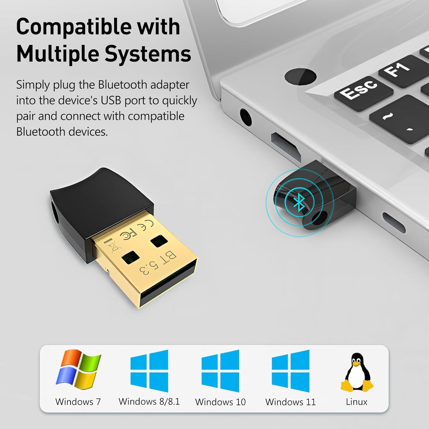 Wansurs 5.3 11/10, Bluetooth Adapter for PC, Bluetooth Dongle, Plug & Play for Windows Bluetooth Transmitter & Receiver