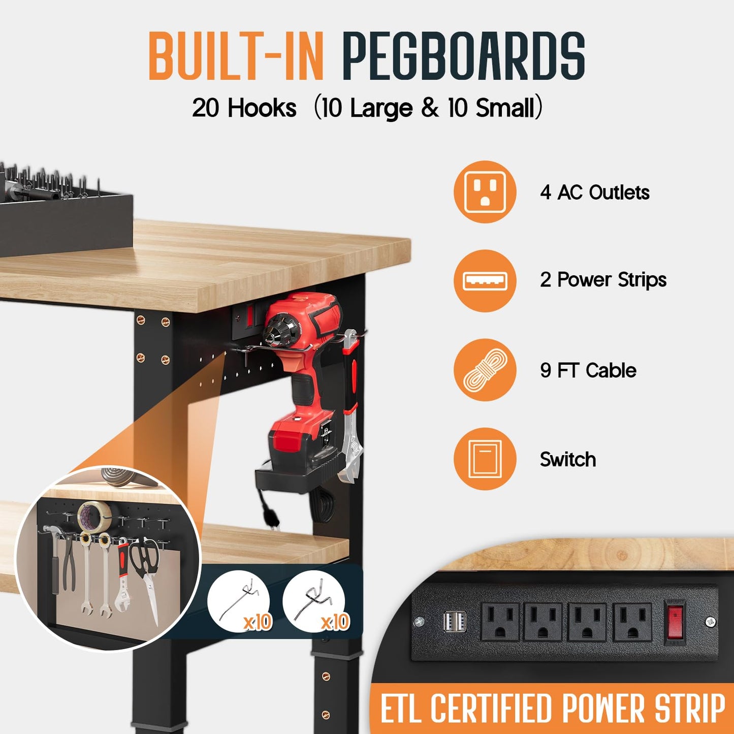 SPECRAFT 72"x24" 2-Tier Adjustable Workbench with 4 AC Outlet and 2 USB Ports Power Outlets, 6000 Lbs Capacity Heavy Duty Workbench, Rubber Wood Top for Garage, Workshop, Office