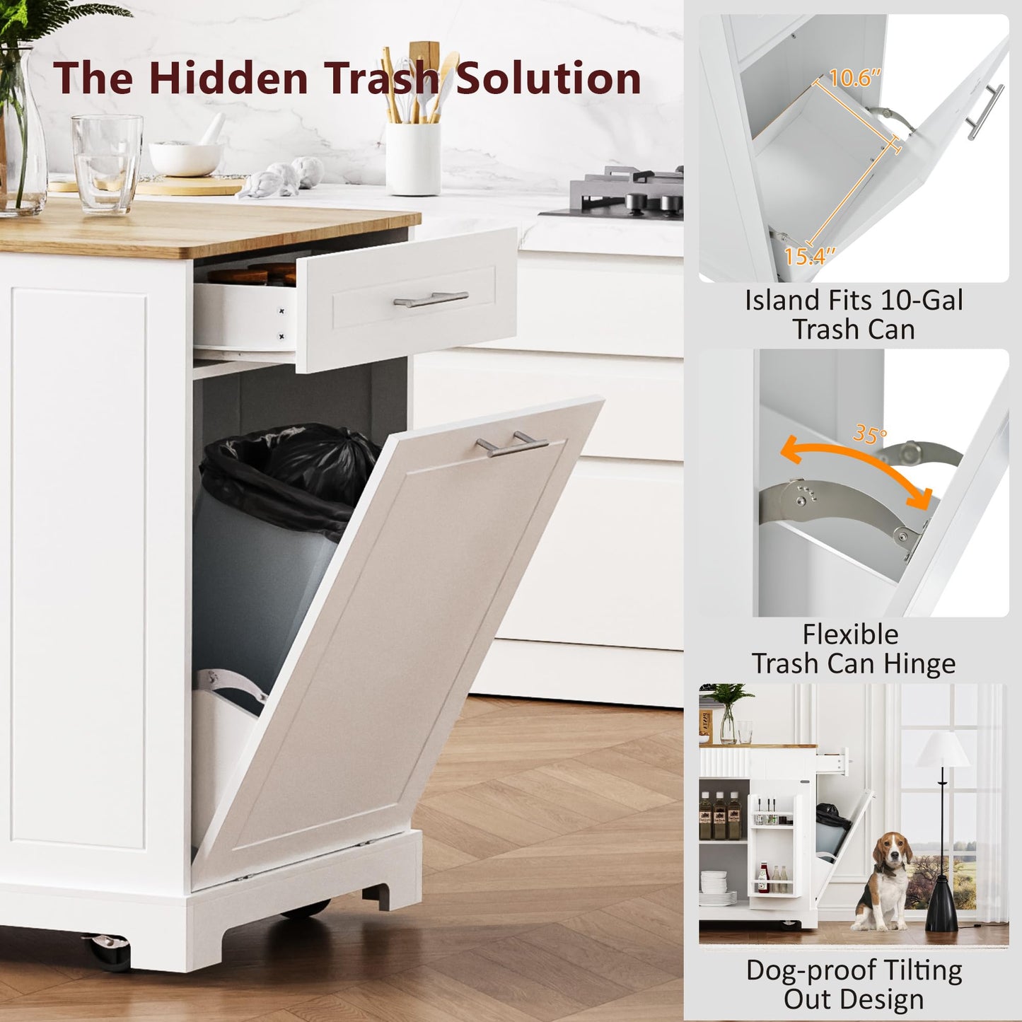 Amposei Modern Kitchen Storage Island with Trash Can Cabinet & Power Outlet, Rolling Kitchen Island Cart on Wheels with Open Side Shelves and Towel Rack, 53-Inch, White