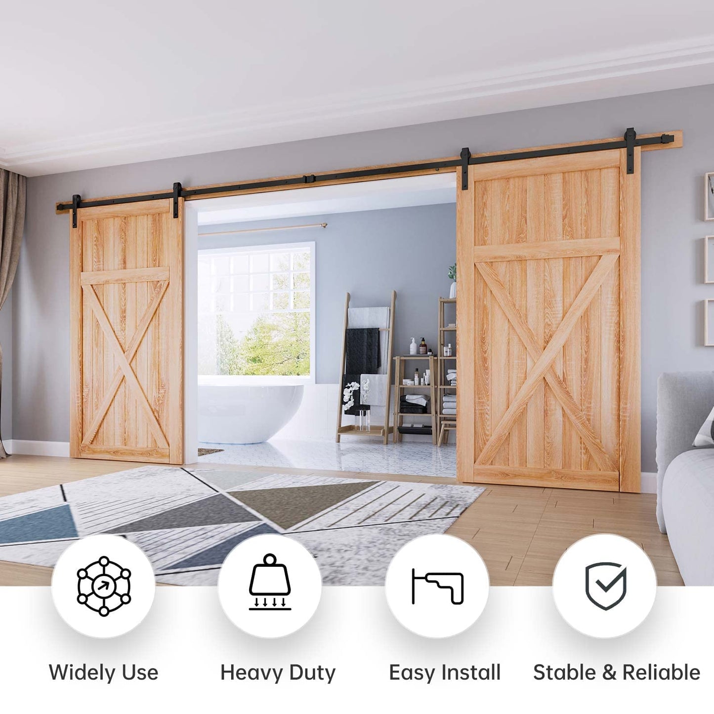 EaseLife 16 FT Double Door Sliding Barn Door Hardware Track Kit,Basic J Pulley,Slide Smoothly Quietly,Easy Install (16FT Track Kit for Double 48" Wide Door)