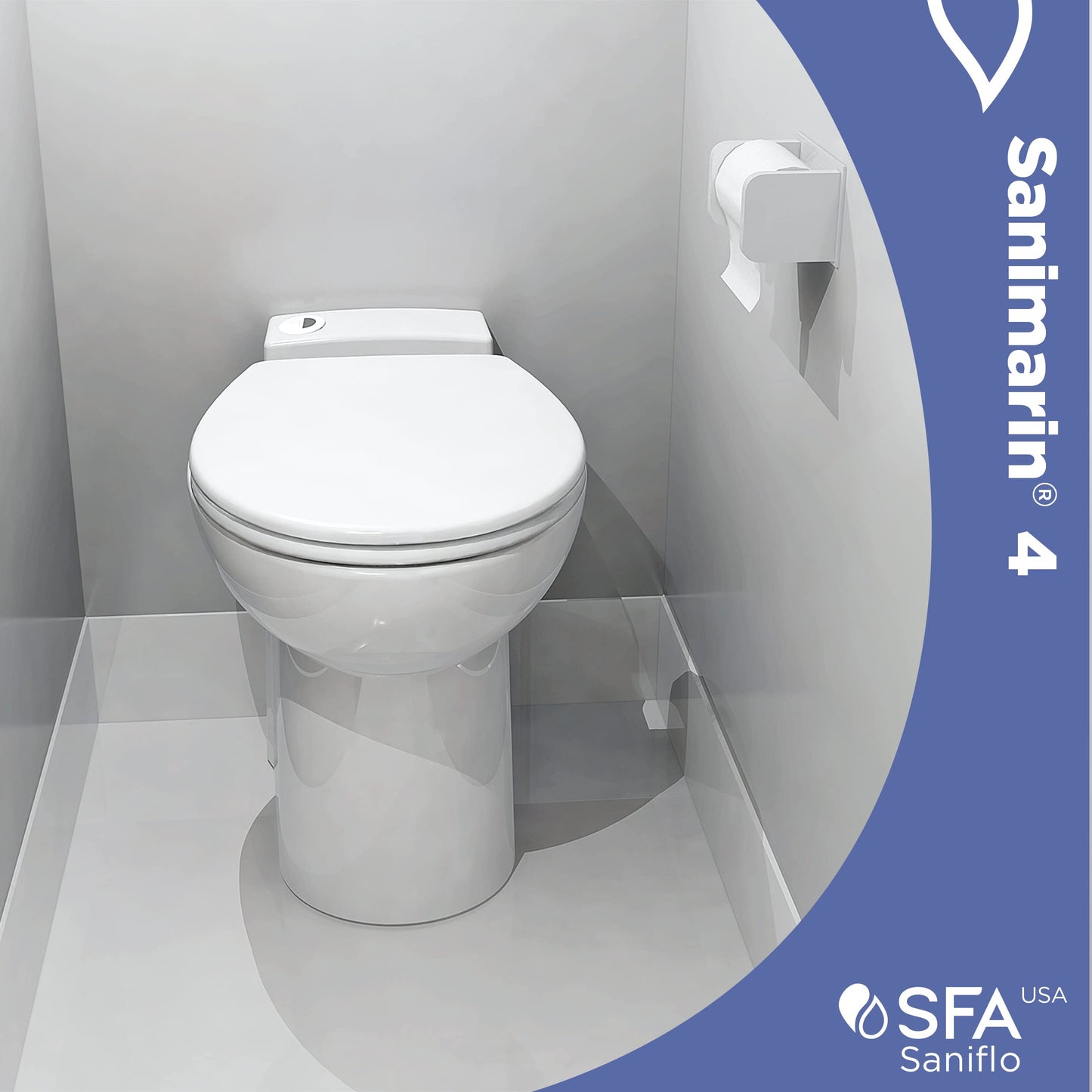 SFA SANIFLO - Sanimarin 4 - Electric Marine Macerating Toilet - Confortable & Standard Height - Stainless Steel Blade - Quiet, 52 dB(A) - Control Panel Included - 12V - Made In France