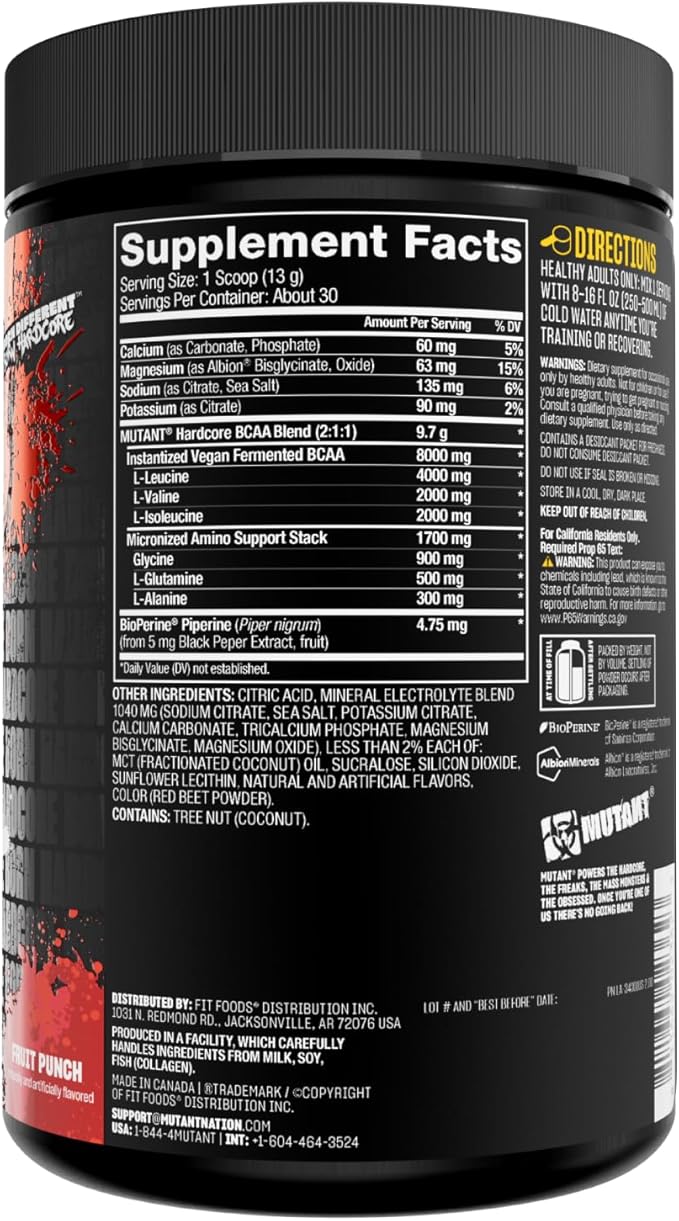 Mutant Hardcore BCAA - Pre, Intra or Post Workout ??BCAA Next Level branched-Chain Amino Acids Supplement ??Hydration + Recovery - 30 Serving - Fruit Punch