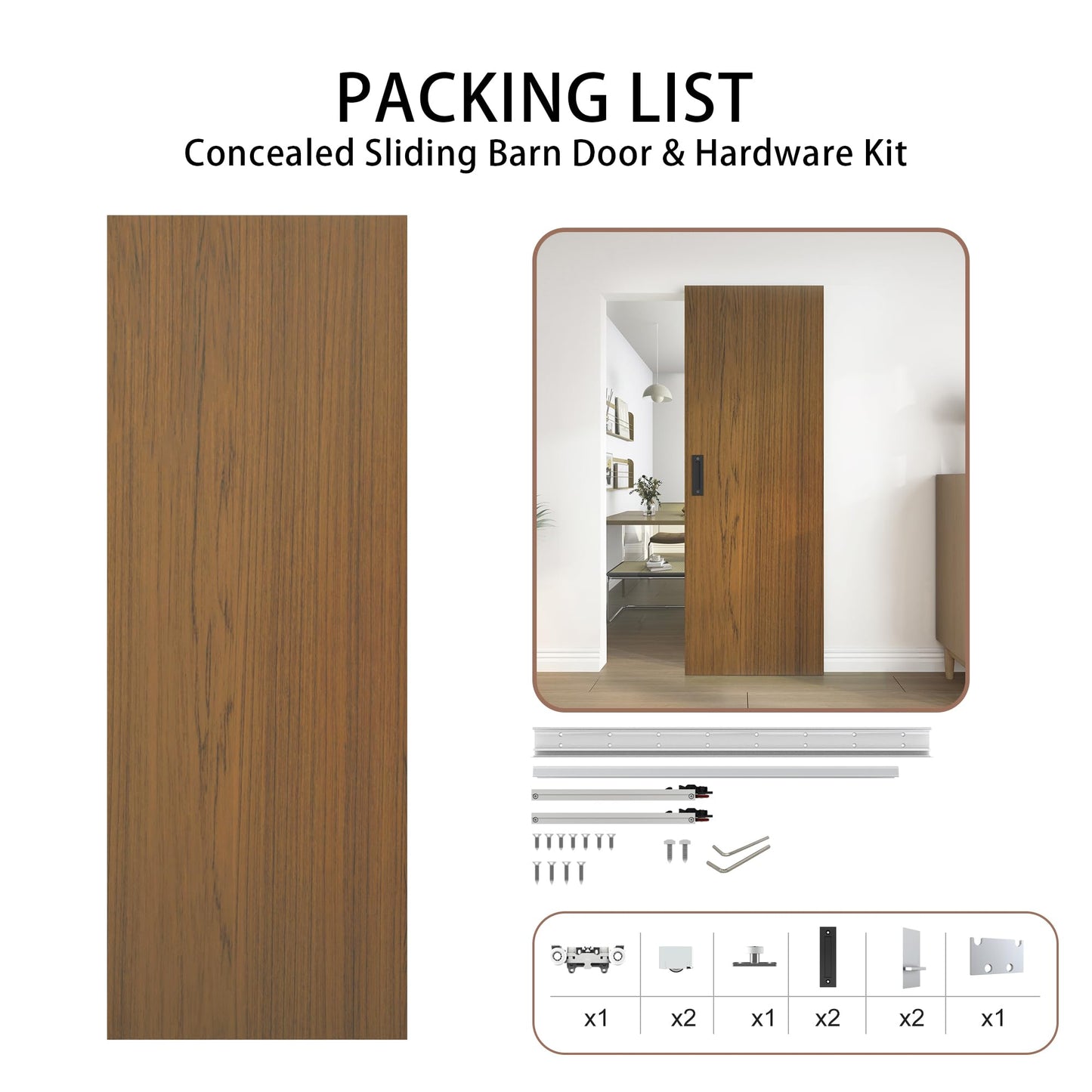 JUBEST 30"x84" Concealed Sliding Barn Door with Soft Close Hardware Kit, Brown Hidden Door for Opening 26"-28"x80", Waterproof and Modern, Smooth Sliding, for Interior Using, Widely Used