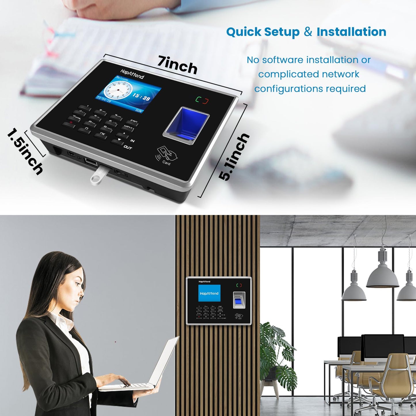 HapAttend Time Clocks for Employees Small Business Automatic Calculate Hours, H1＆H2 No Monthly Fees Fingerprint Time Clock, Standalone Biometric Clock in Machine for Employees with 5 RFID Cards