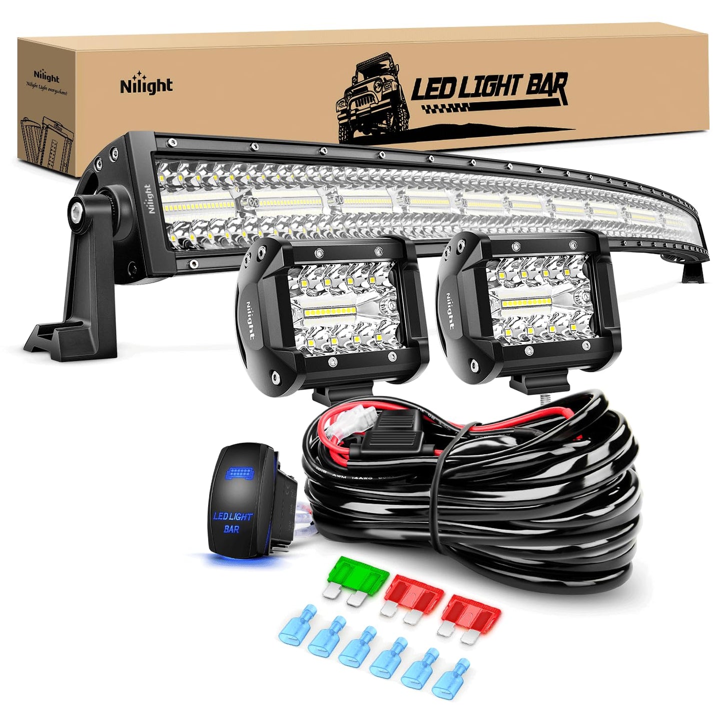 Nilight 42Inch LED Light Bar 2Pcs 4Inch 60W Spot Flood Lights Pods Off Road DrivingWork Lighting with 14AWG Wiring Harness Kit-3 Leads for Truck Tractor Pickup Boat SUV ATV UTV Car Van Camper
