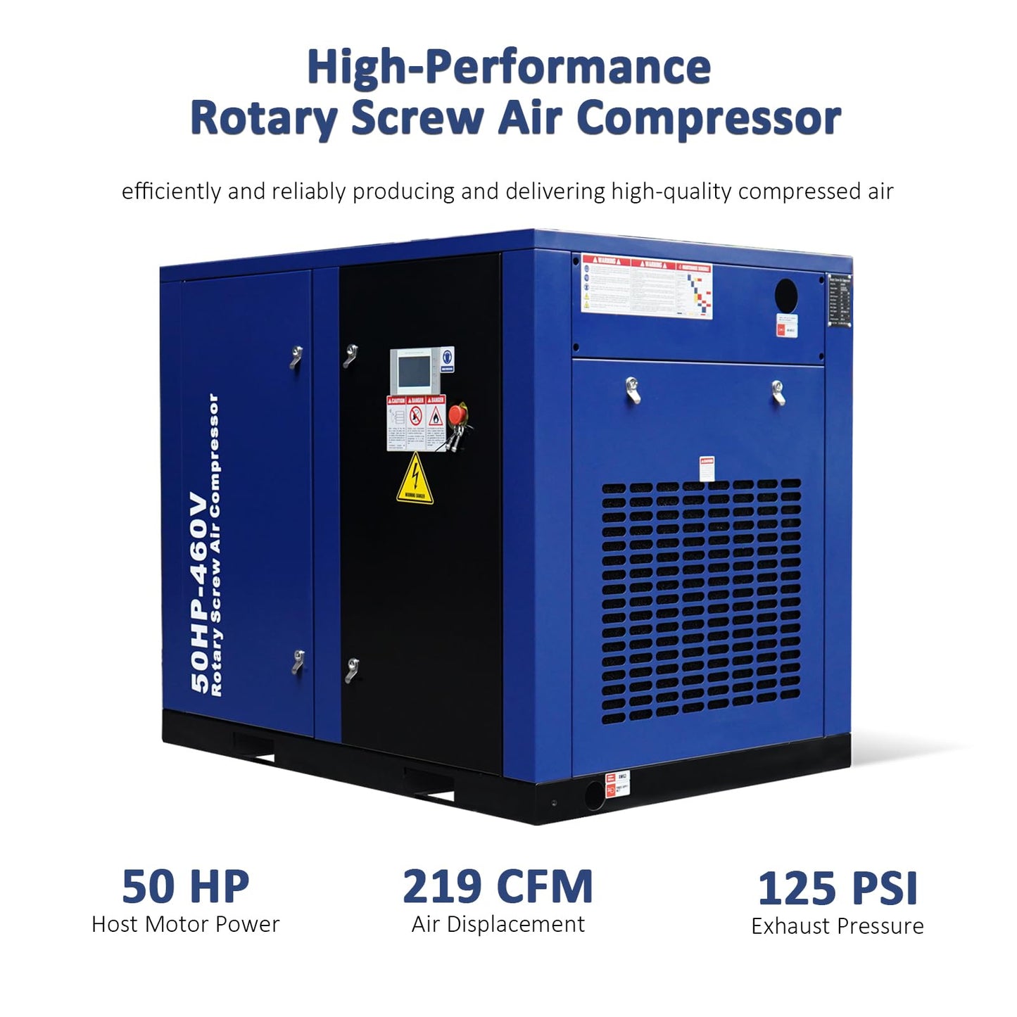 50HP Rotary Screw Air Compressor, 219CFM, 125PSI, 460V 3PHASE 60HZ, Fixed Speed Compressor, Industrial-Grade, Heavy Duty Air Compressed System