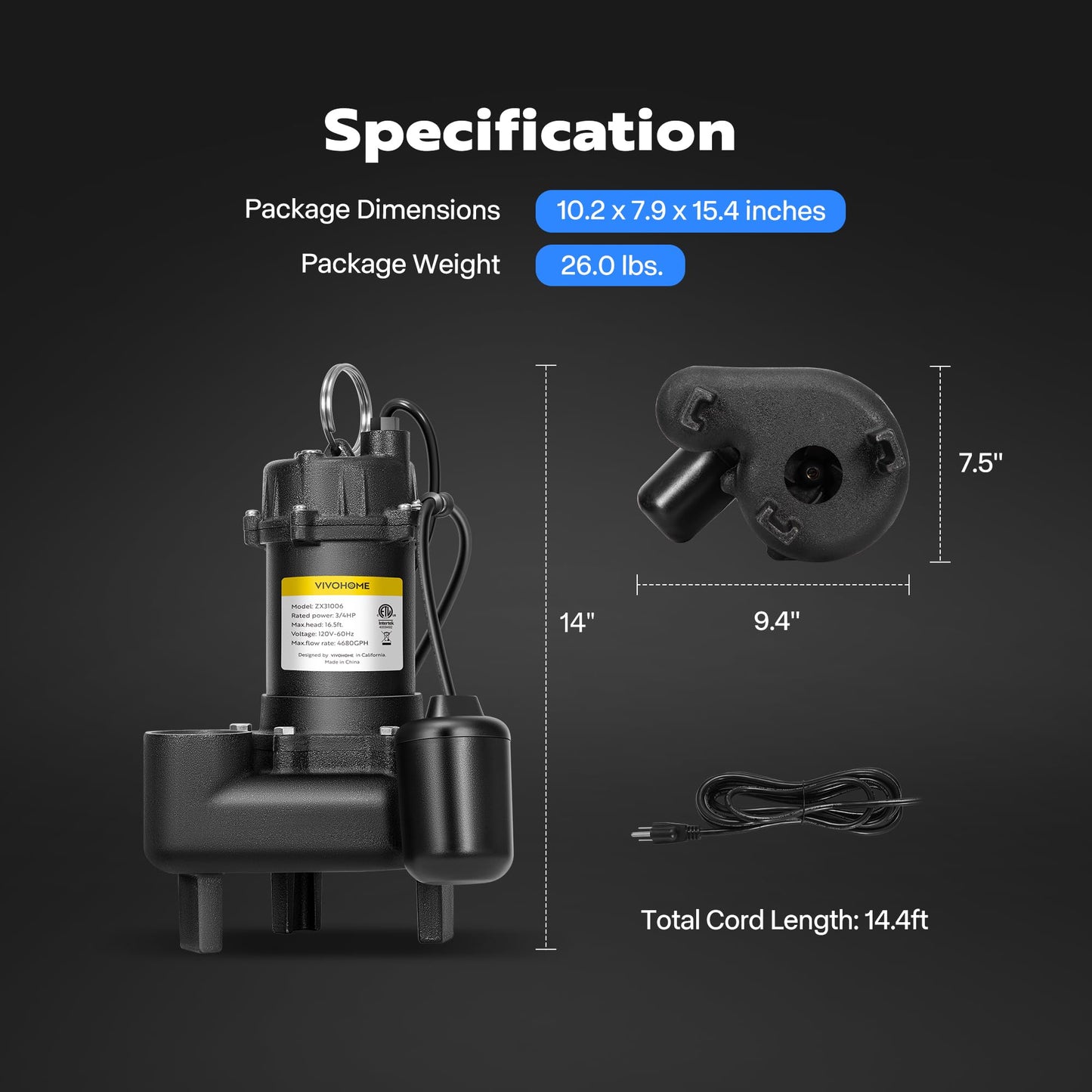 VIVOHOME 3/4 HP Submersible Cast Iron Sewage/Effluent Pump, 4680 GPH Float Switch Sump Pump with 2'' NPT Discharge for Basement, Septic Tank