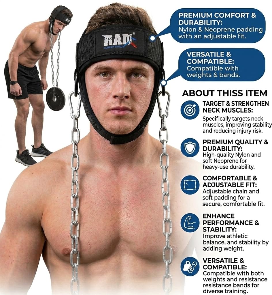 RAD Neck Trainer Adjustable Steel Chain Strength Weight Lifting Harness for Training Head Strenghtener Exerciser Neck Workout Strap Black Belt for Exercise