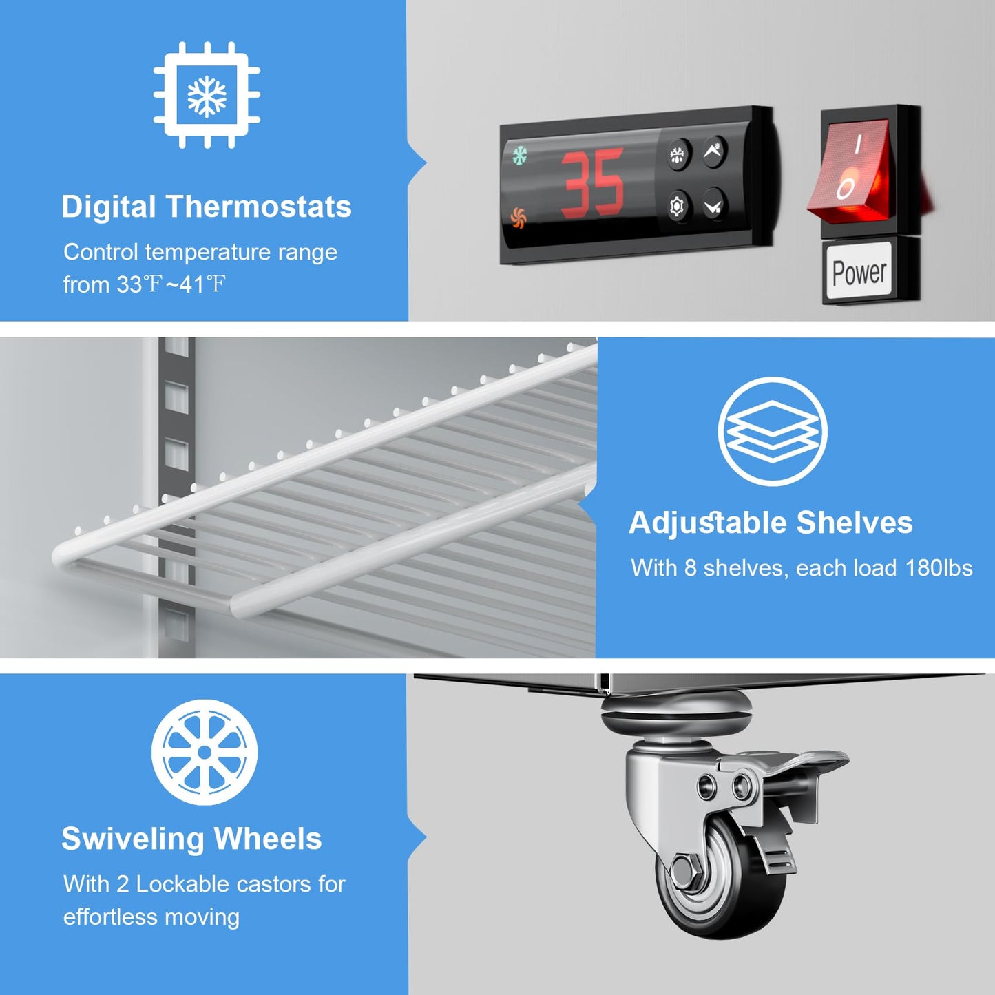 Ferueo Commercial Refrigerator 48" W 4 Door Stainless Steel Reach-in Solid Door Upright Fridge Fan Cooling 36 Cu.ft Refrigerators 32-47°F for Restaurant, Bar, Shop