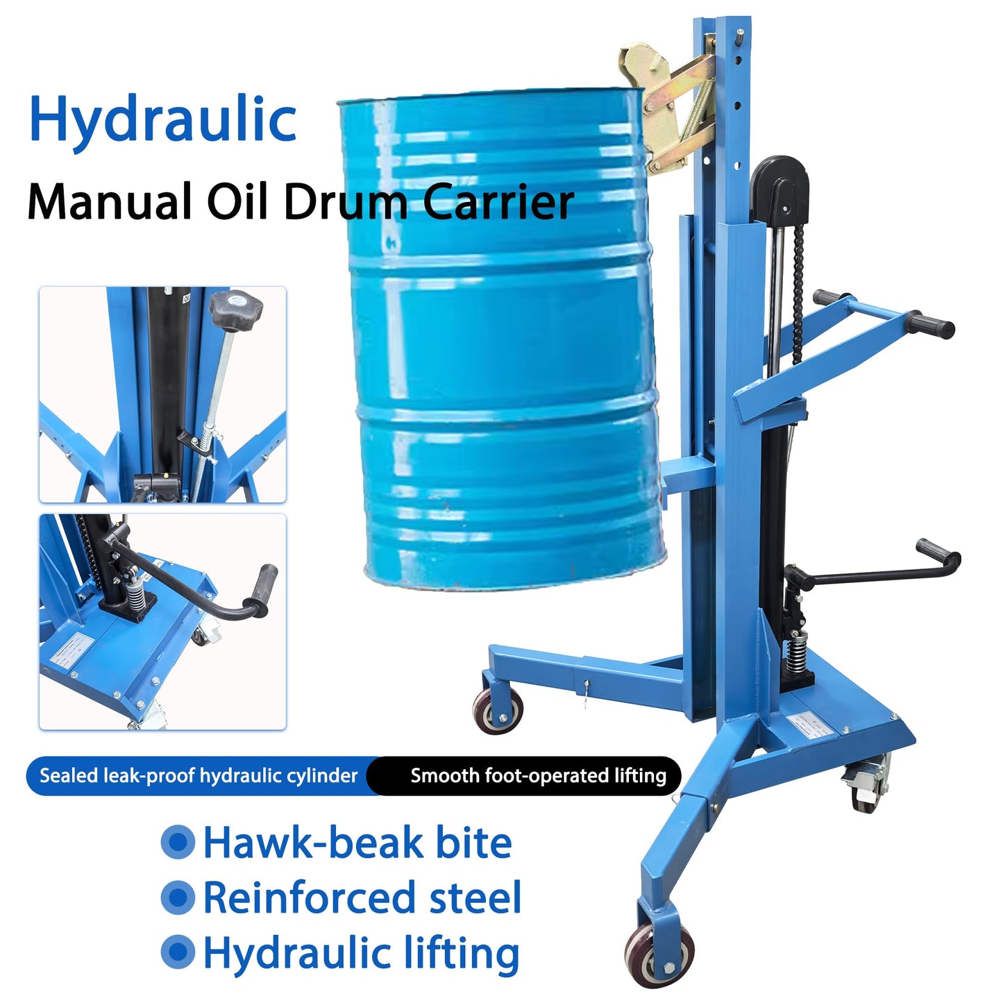 HayWHNKN Manual Hydraulic Drum Handler, Drum Lift Truck with Extendable Legs for 30-55 Gal Steel/Plastic Barrels, 450kg Capacity, 19.69" Lift Height, Easy Clamp Eagle Beak, for Factories & Warehouse