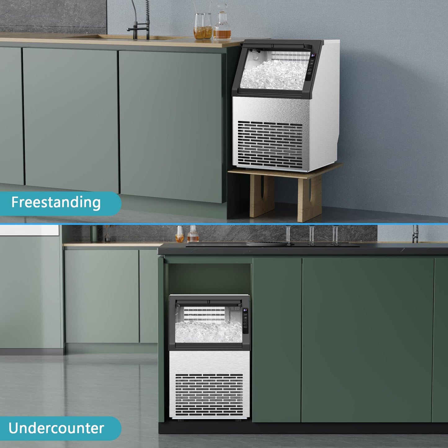 Commercial Ice Maker Machine, 80Lbs/24H Under Counter Ice Maker, Freestanding with Ice Thickness Control & Stainless Steel, 36 Cubes in 15 Mins, 28Lbs Storage Capacity, for Home, Bar, Cafe, Offices