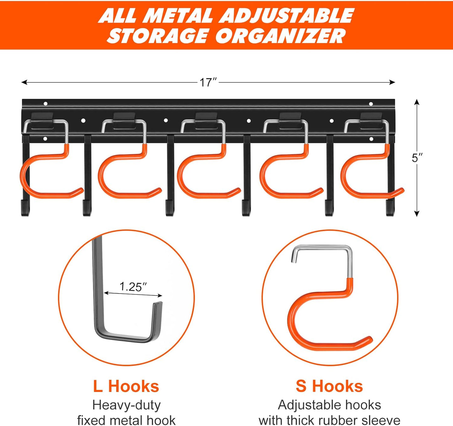 TVKB 68'' All-Metal Garden Tool Organizer - Adjustable Wall-Mount Storage with Heavy-Duty Hooks