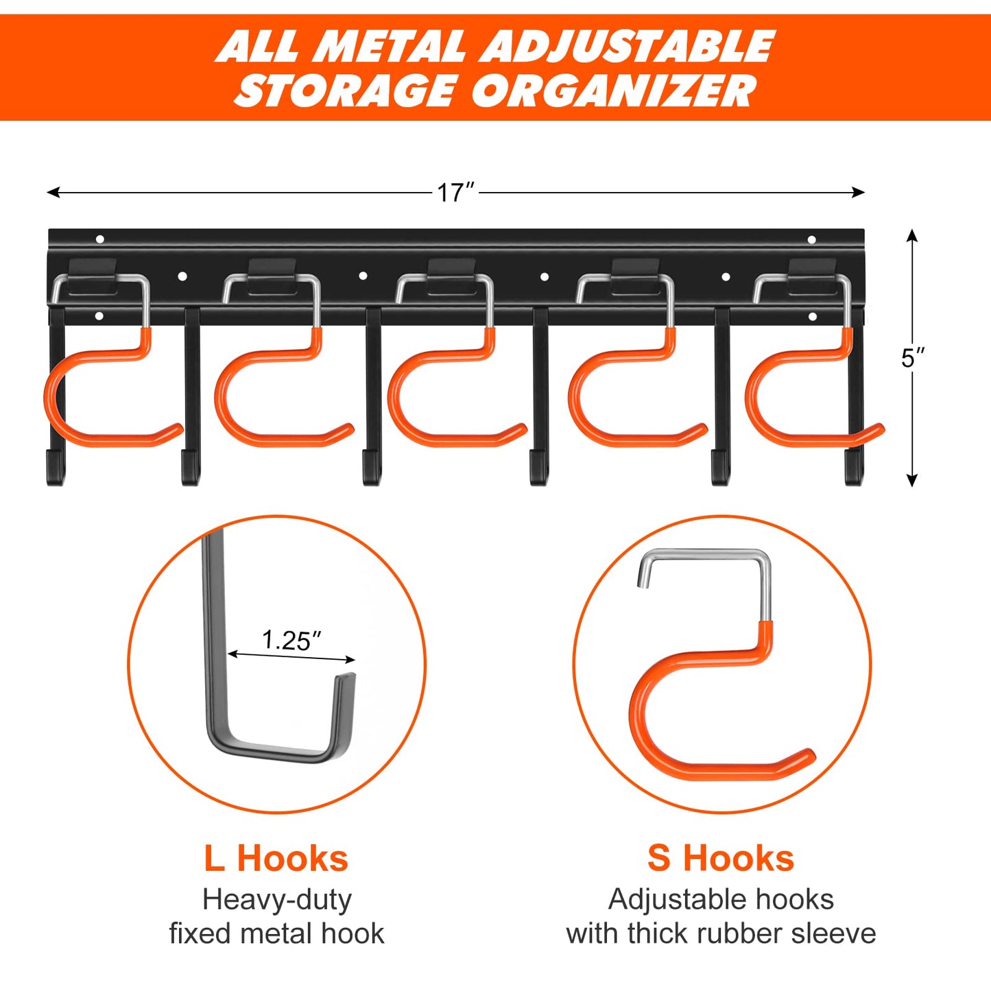 TVKB 68'' All Metal Garden Tool Organizer Adjustable Garage Tool Organizer Wall Mount Garage Organizers and Storage with Heavy Duty Hooks Tool Hangers for Garage Wall, Shed, Garden