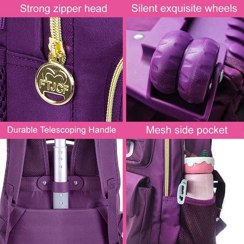 CCJPX 3PCS Rolling Backpack for Girls, Women Roller Bookbag with Lunch Box for Adults, Water Resistant Wheeled School Bag for Teens Kids Travel - Dark Purple