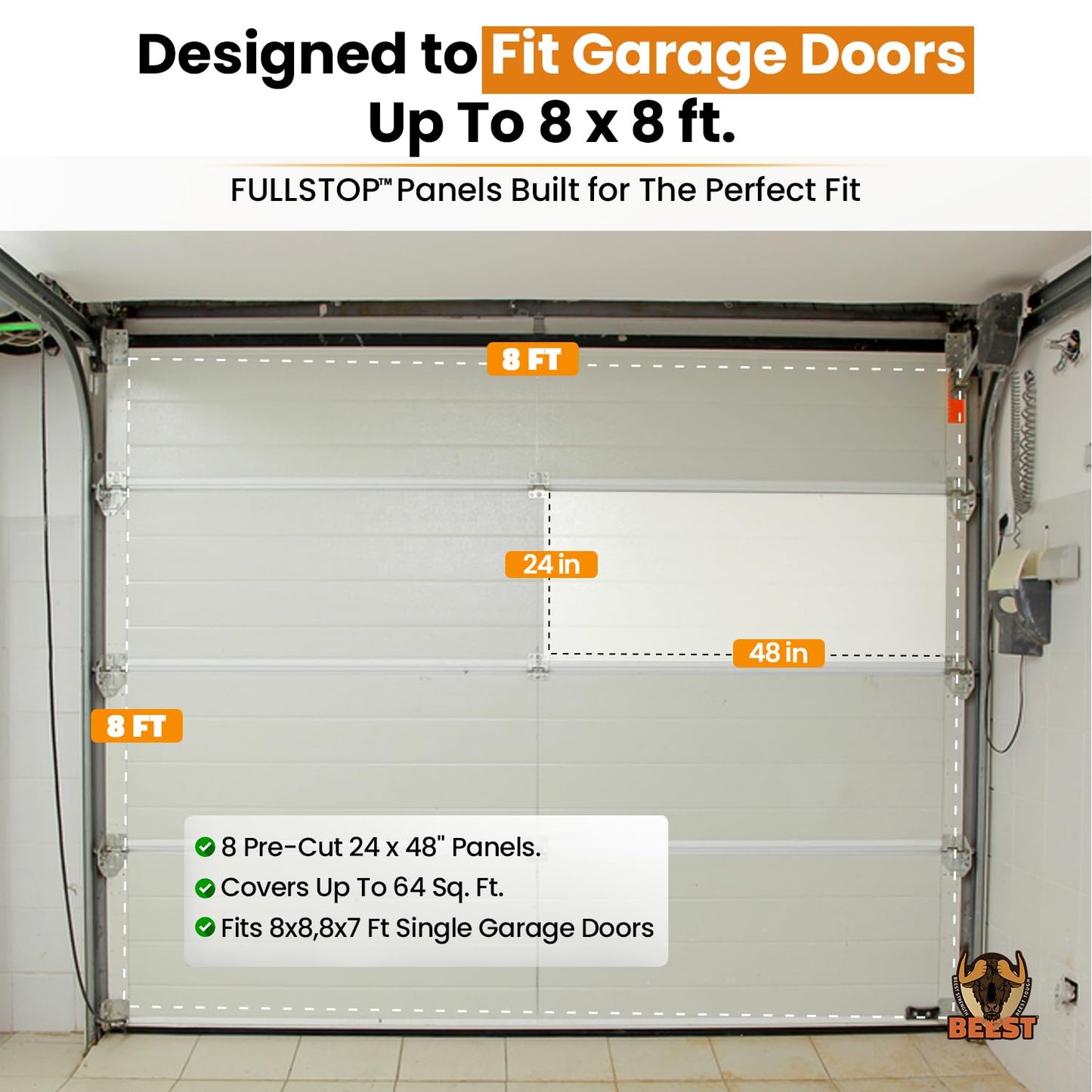 BEEST FULLSTOP Garage Door Insulation Kit - 8x8 & 8x7 ft Single Garage Door Insulation Panels - 8 Pre-Cut 24x48 Foam-Core Panels w/ Tape, Cutter & Squeegee - Easy DIY for Instant Temperature Control