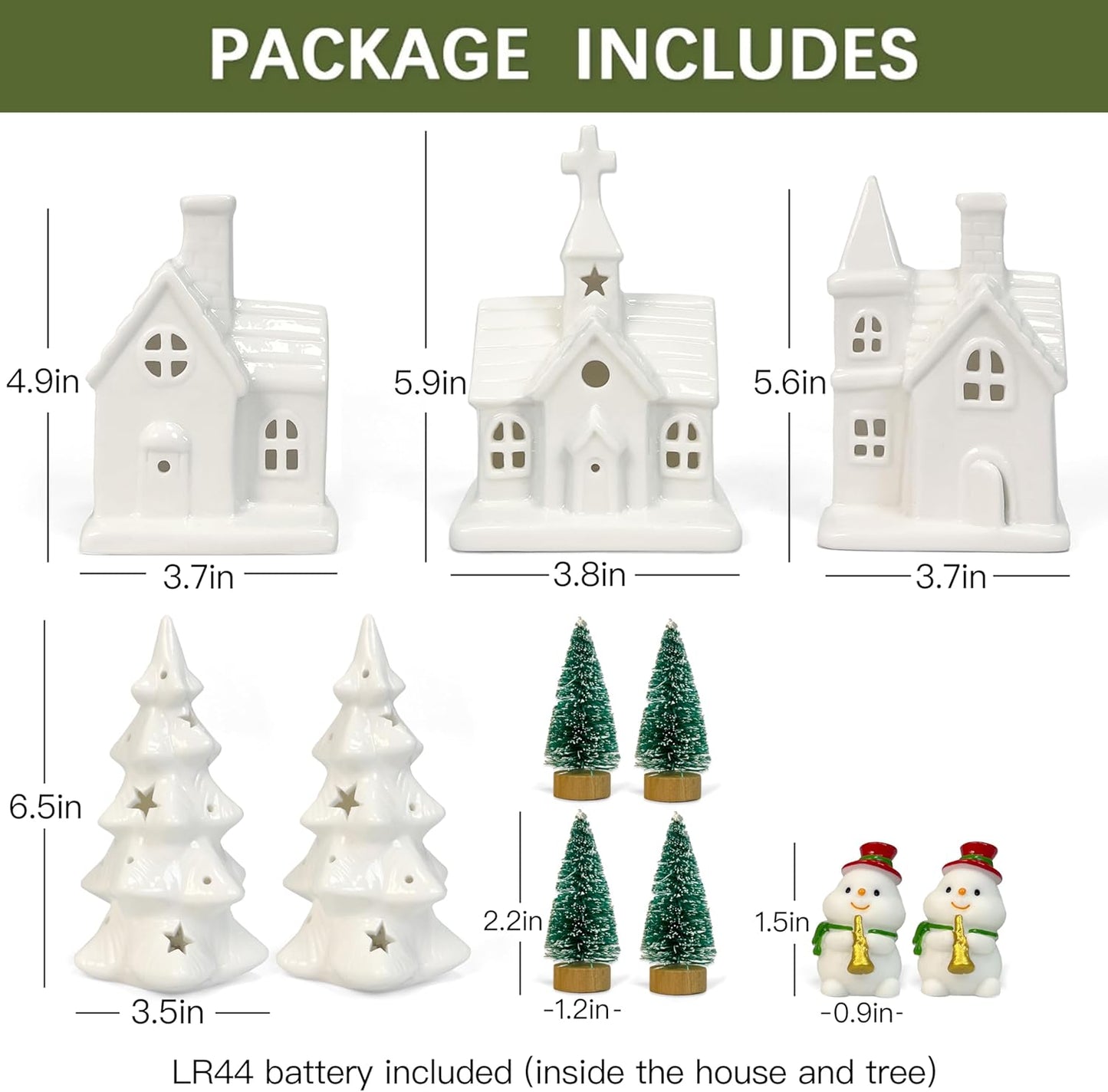Skiennix Christmas Village Set - 11 Pcs Ceramic Decor with 3 Lighted Houses & Trees | Festive Tabletop Display