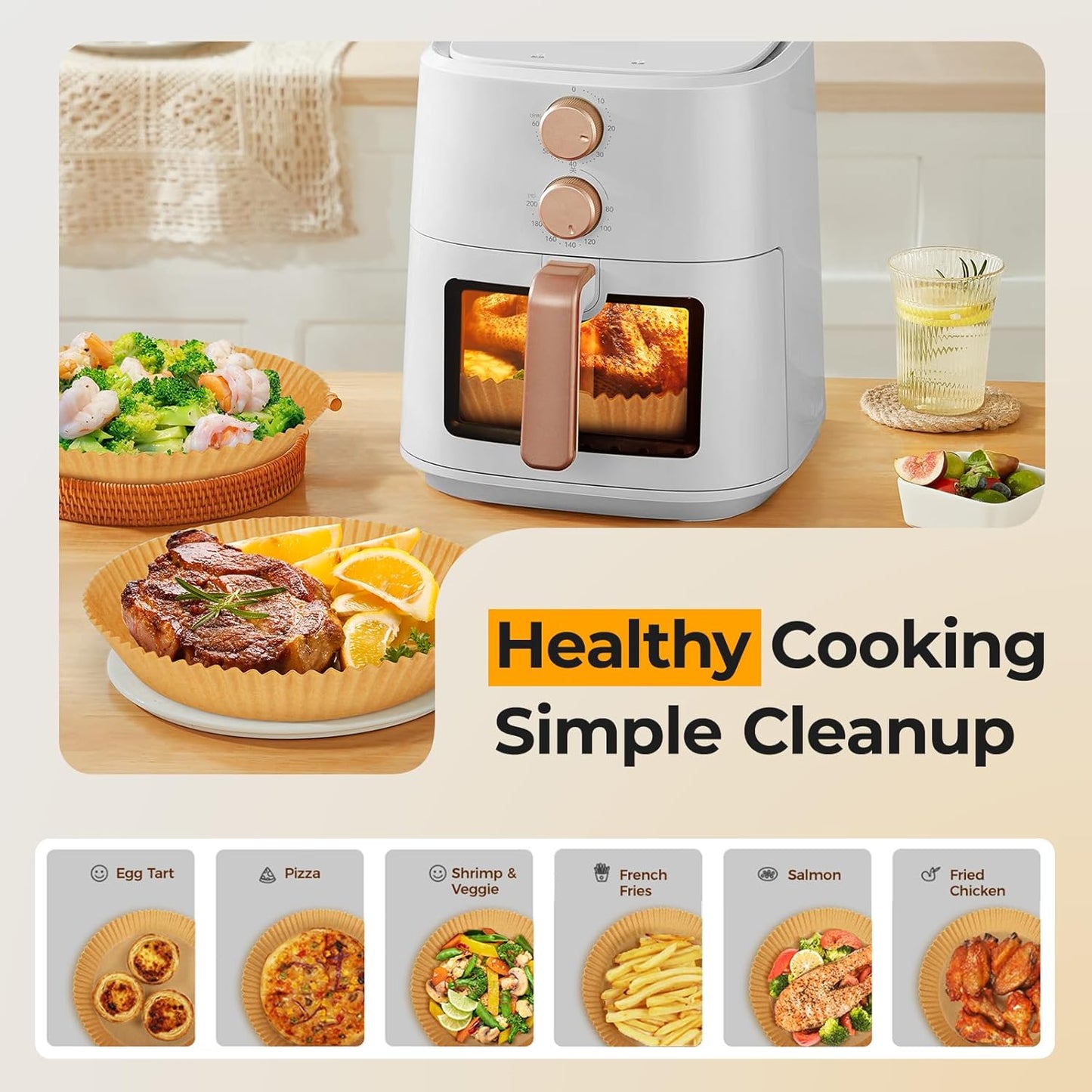 Vailnd Disposable Air Fryer Liners - 150 Pcs Heavy-Duty Non-Stick Parchment Paper | 8" Round for 5-8 Qt Baskets