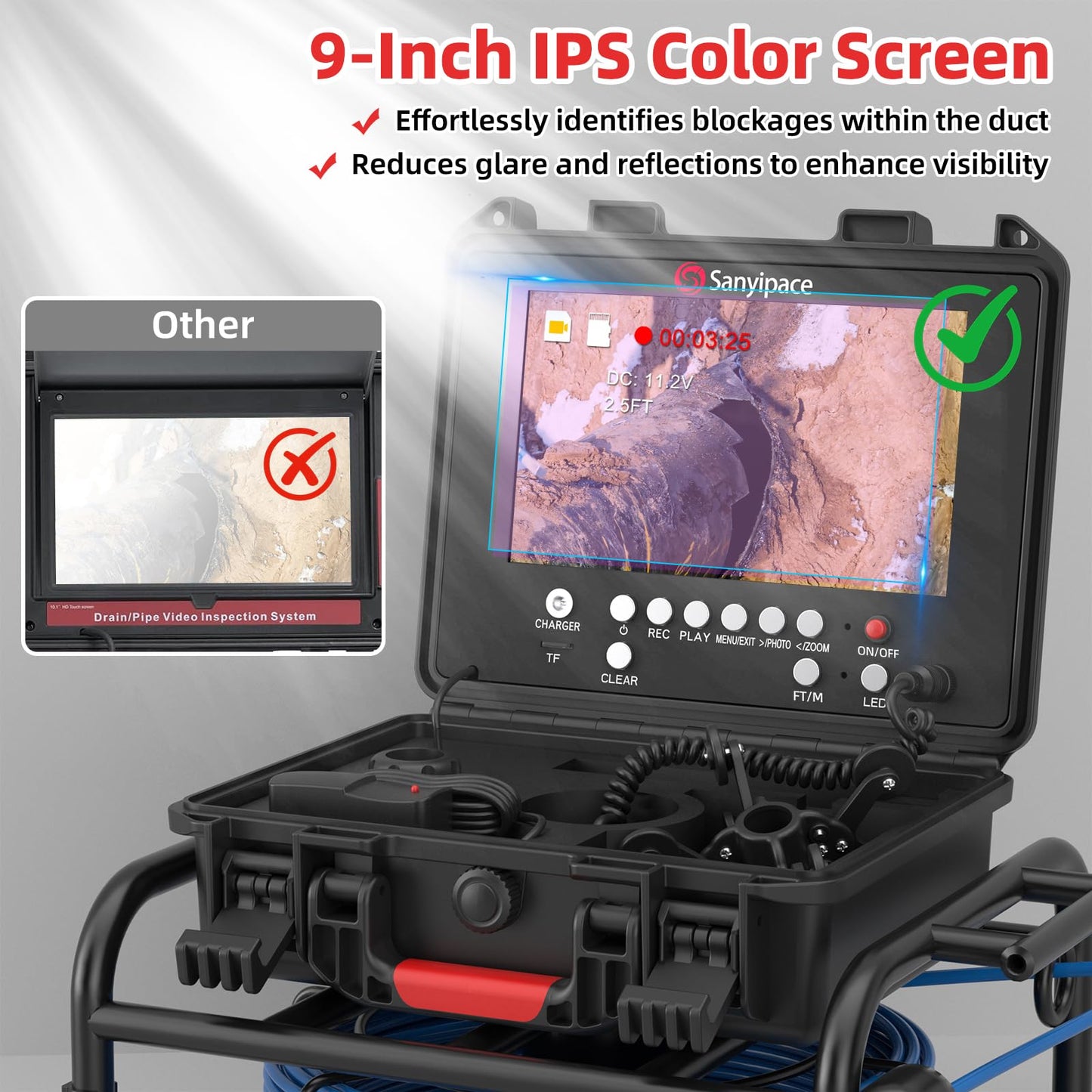 Sanyipace Pipe Camera with Locator, 512Hz Sewer Camera with Self-Leveling, 23mm/0.9in Drain Camera with Distance Counter, 5X Zoom, Waterproof Plumbing Inspection Camera with 12 PCS Lights, 66FT/20M
