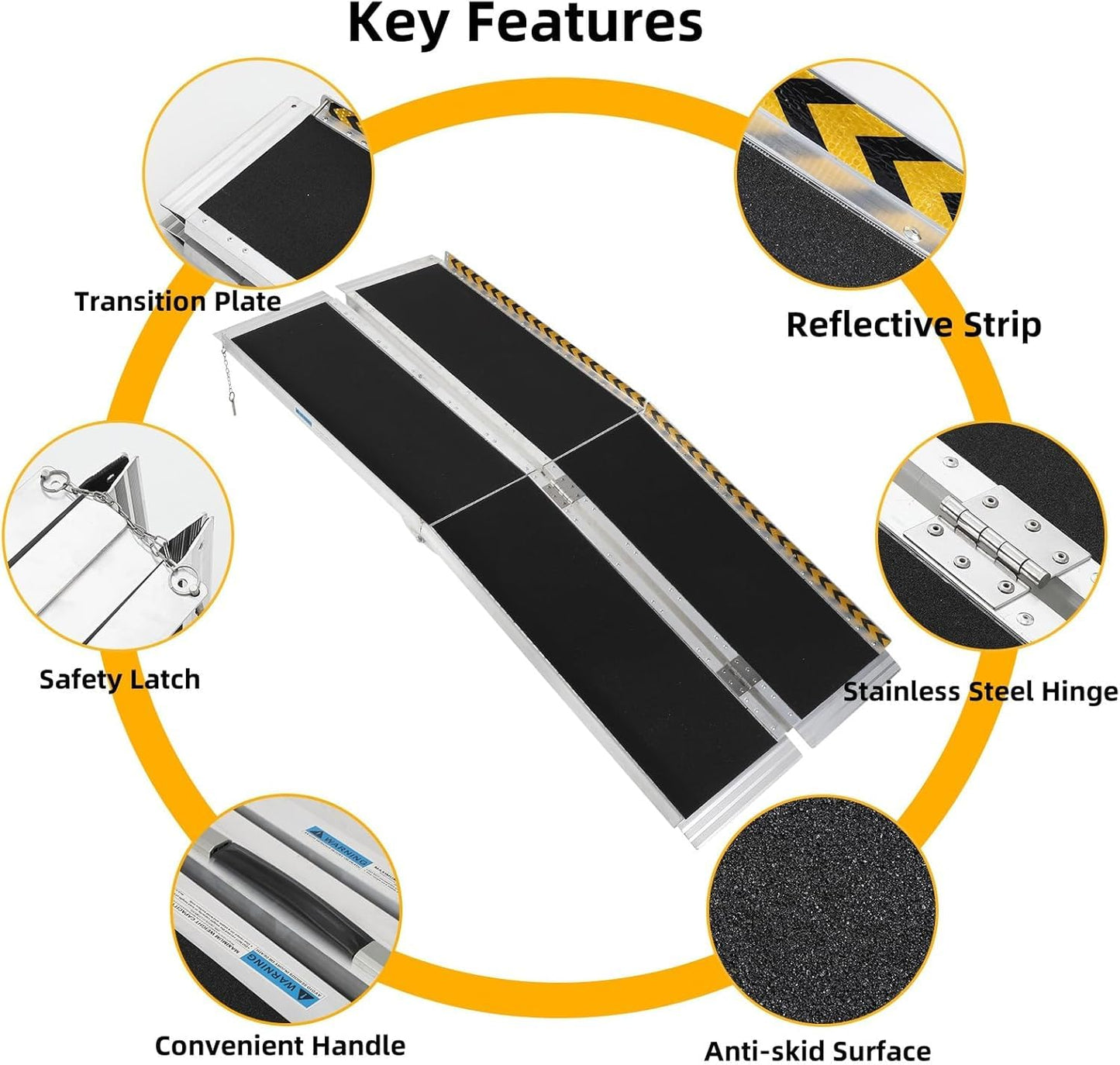 Heavy Duty 5 FT Wheelchair Ramp - 600 Lbs Weight Capacity, Non-Skid Aluminum Ramp with Reflective Strips & Transition Plate for Home Use
