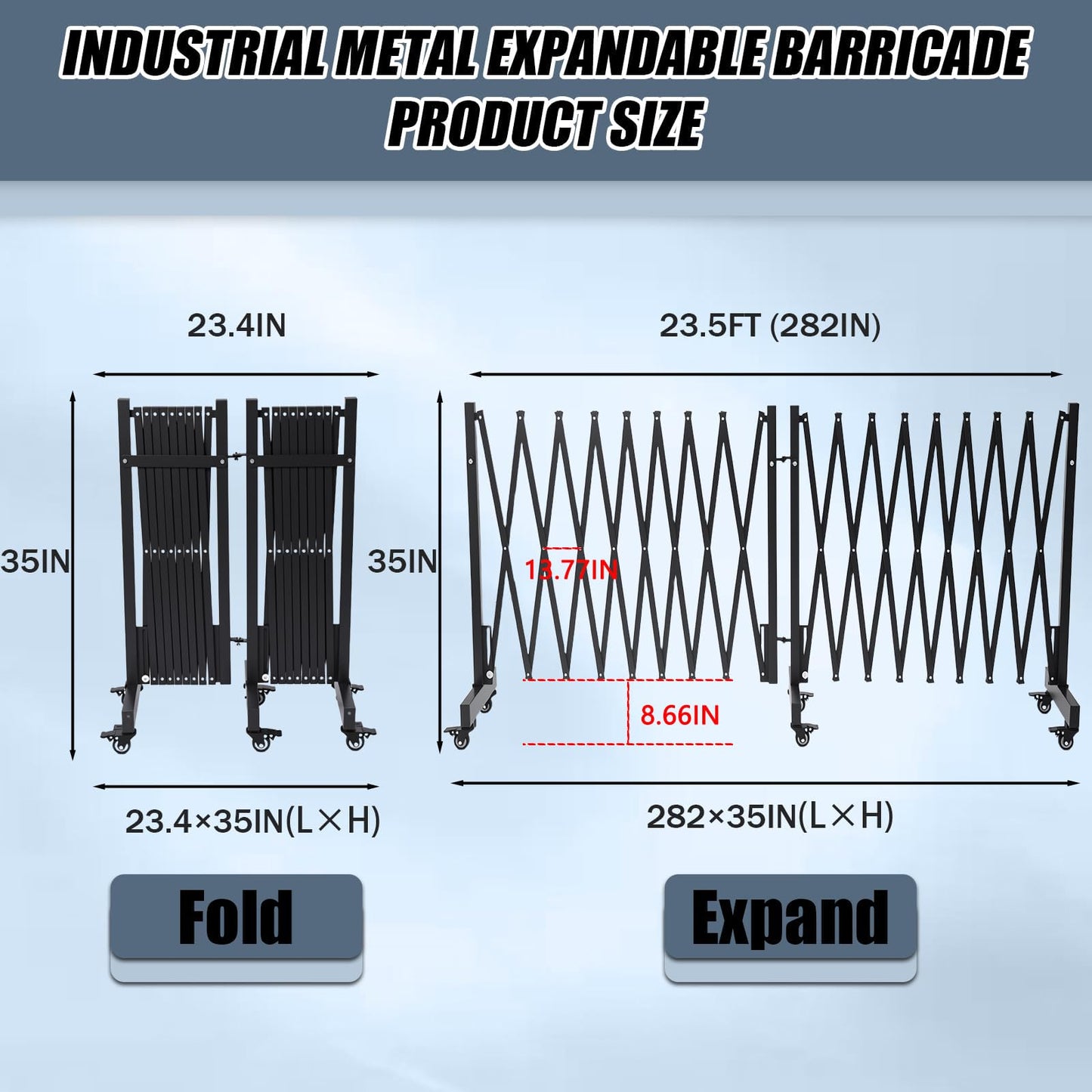 23.5FT Industrial Metal Expandable Barricade，Retractable Traffic Fence with Casters, Folding Security Gate，Portable Barricade Gate for Construction Area, Traffic Control, Cordon(Black