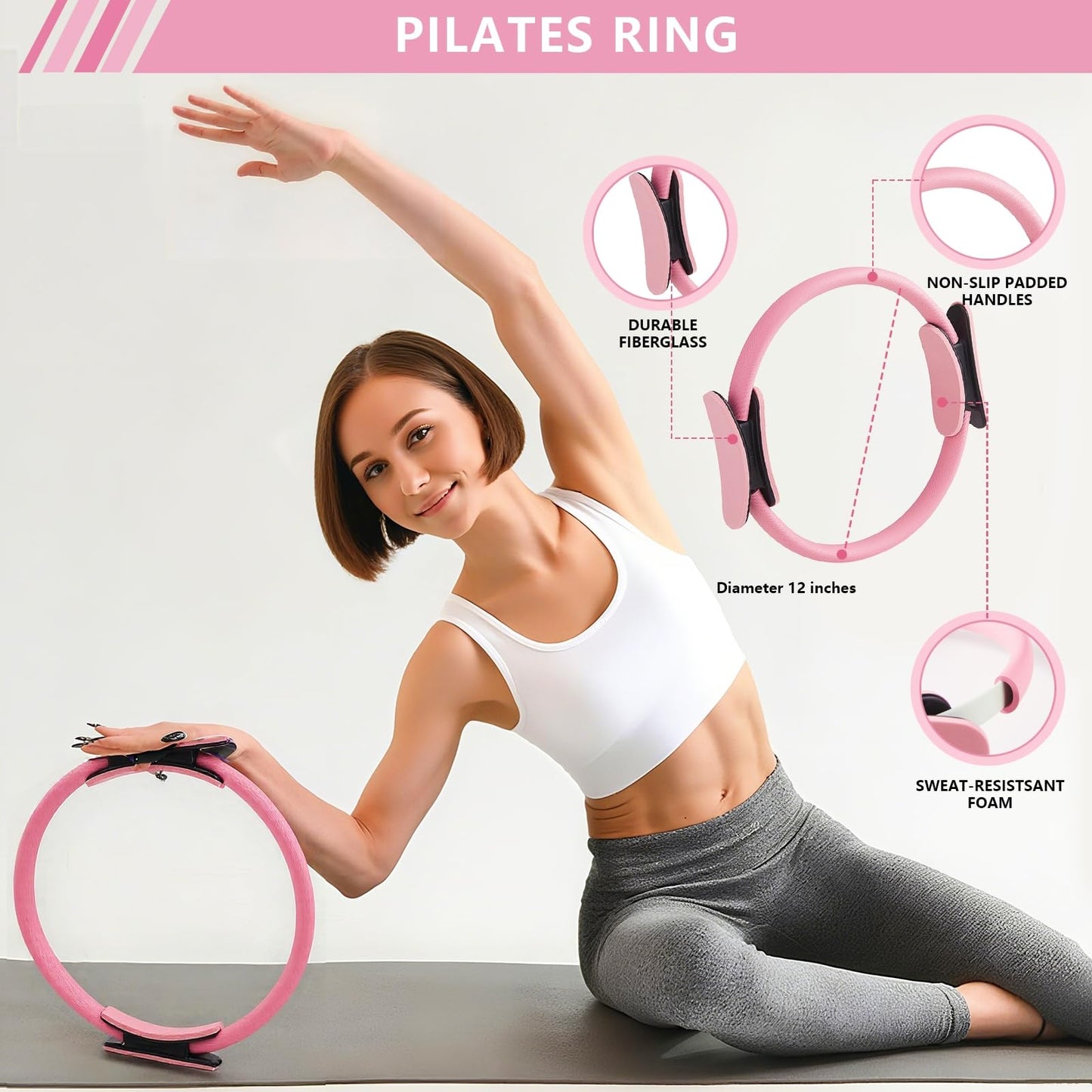 Daywhote Pilates Kit at Home 10PCS Pilates Equipment with 11.81Inch Pilates Ring 9.8Inch Ball 5PCS Stretching Strap Risistance Bands Block Gym Bag