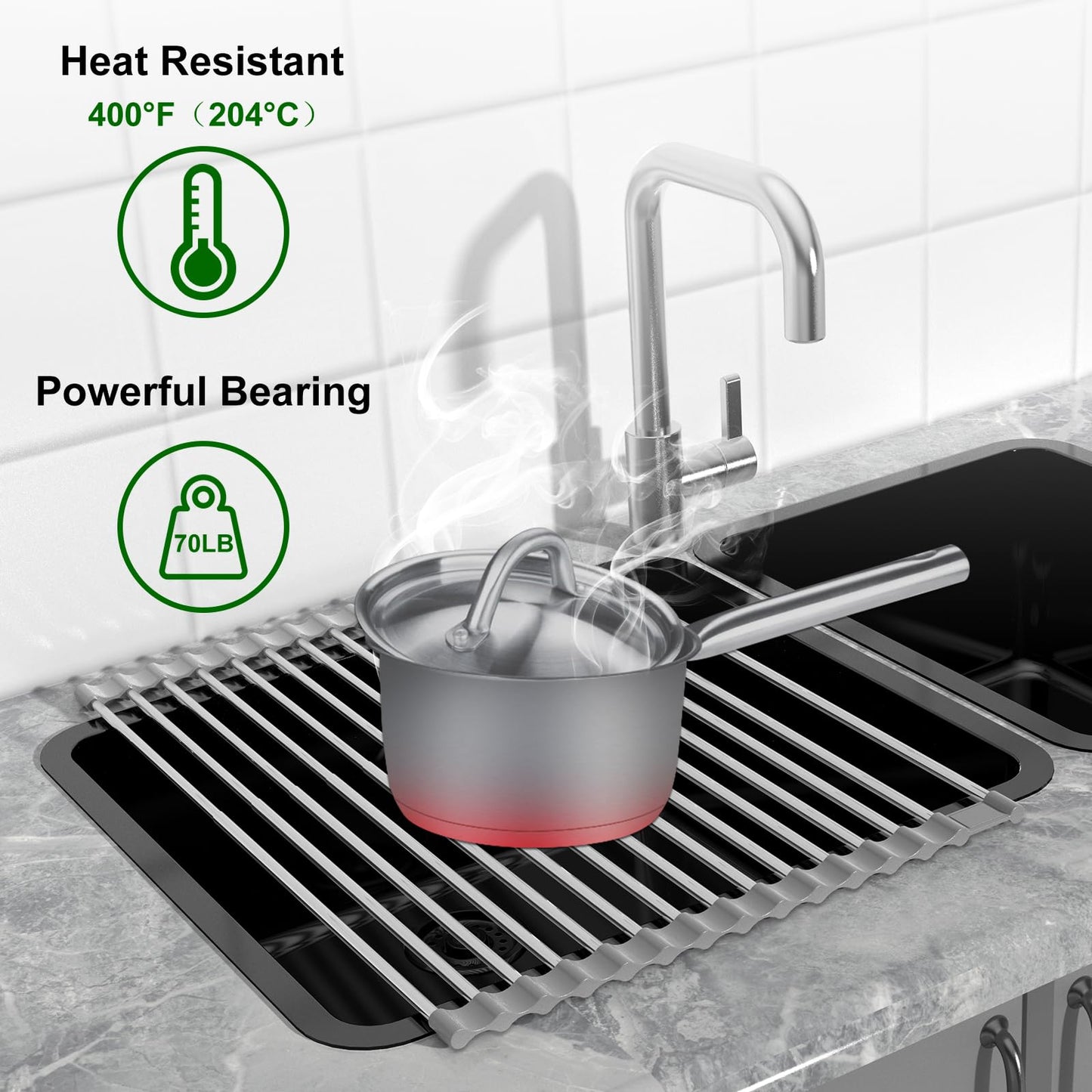 Sindax 23.7" Extra Large Dish Drying Rack, Expandable Roll Up Over The Sink Dish Drying Rack, SUS304 Stainless Steel Multipurpose Kitchen Drainer Rack Up Load to 70Lb