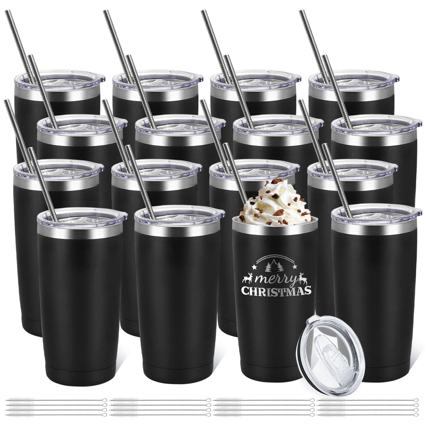 YOUKE OLA 16 Pack Stainless Steel Tumbler Bulk Insulated Vacuum Travel Mug Powder Coated Coffee Mug Gift for Laser Engrave, 20oz Black