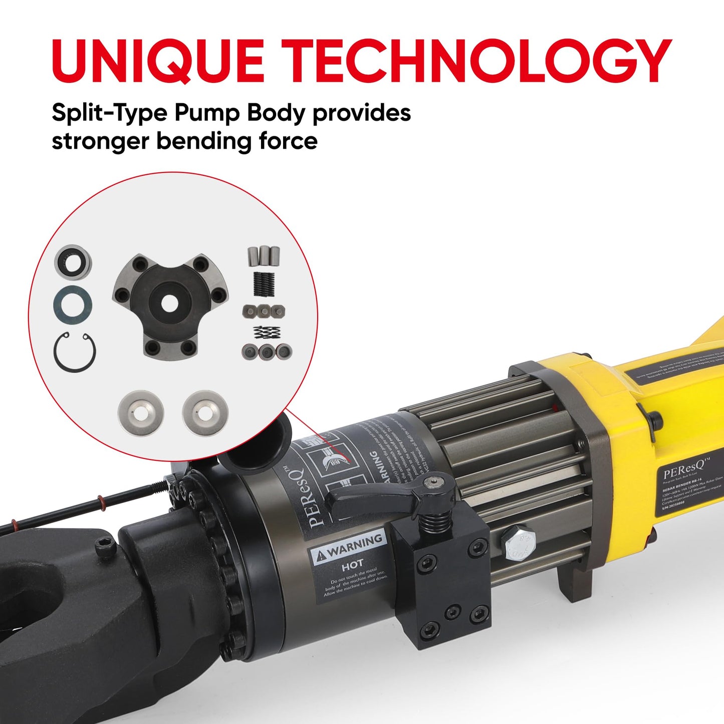 PEResQ Electric Rebar Bender, 5/8 Inch (16 mm) Hydraulic Portable Rebar Bending Machine, 1200W 120V, 2–2.5 s Fast Bending, 27.6 lb, Model RB-16 (Yellow)