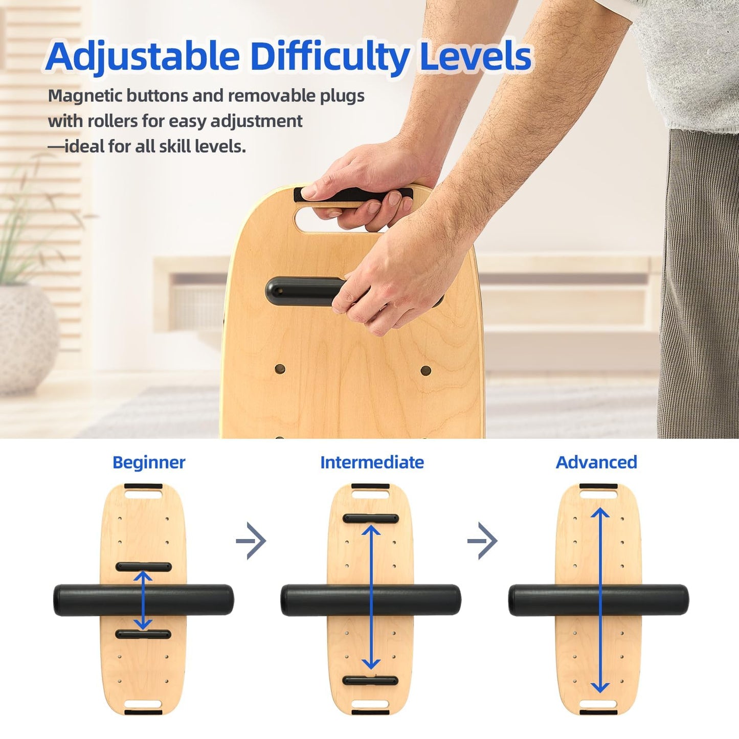 Balance Board for Adult with Adjustable Stoppers: 3 Modes Wobble Board with Roller Exercise Balancing Stability Trainer for Improve Balance Non Slip Surface (Black, with stand)