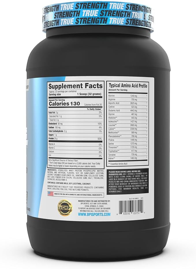 BPI Sports Hydro HD - 100% Hydrolyzed Whey Protein Powder - Muscle Growth, Recovery, 25g of Hydrolyzed Protein, Low Carb, Low Sugar, Fast Absorbing (23 Servings, Strawberry Cake)