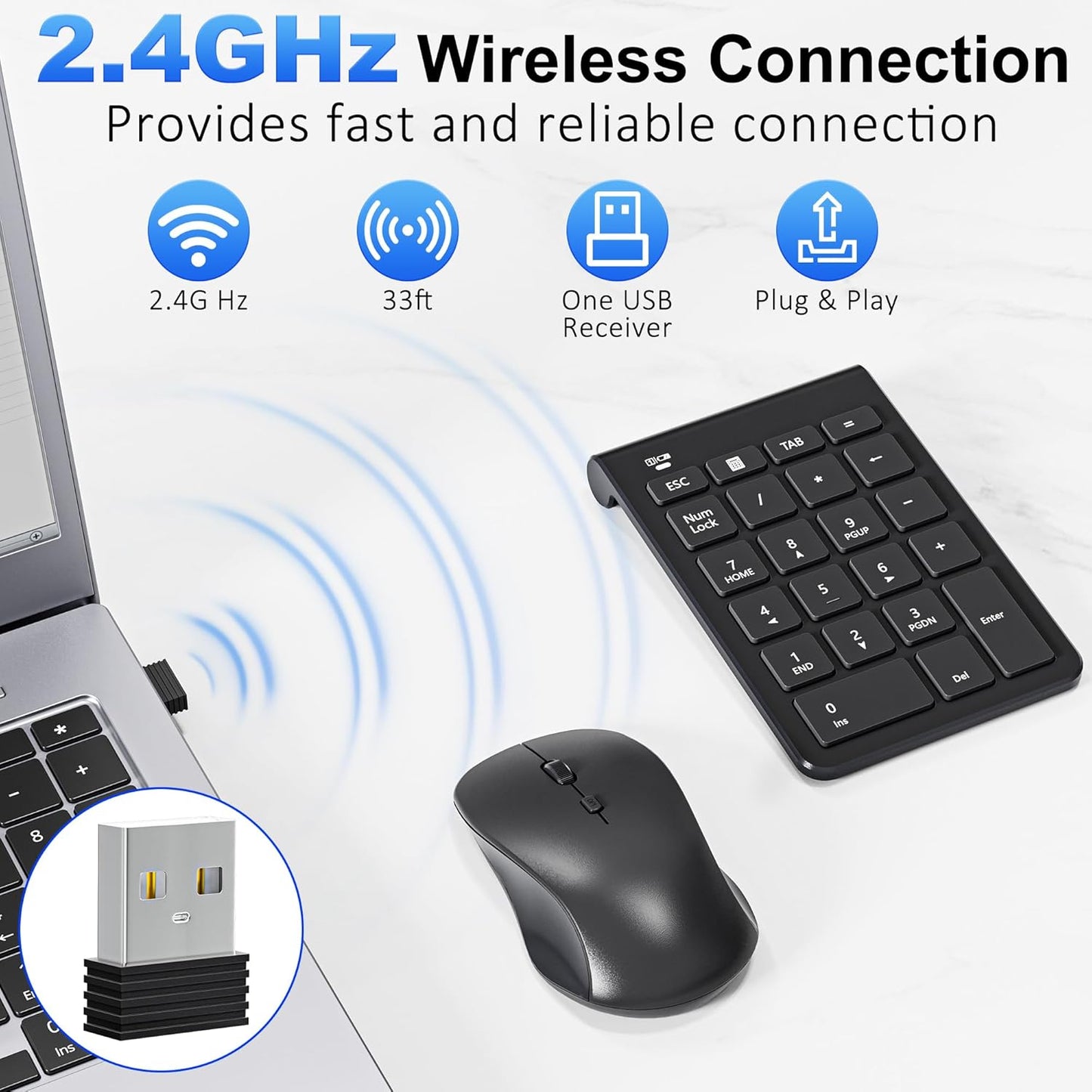 Rytaki 22 3 Set, 2.4GHz Wireless Number Pad and Mouse, Keys USB Keypad and Adjustable DPI Silent Mouse Numeric Pad