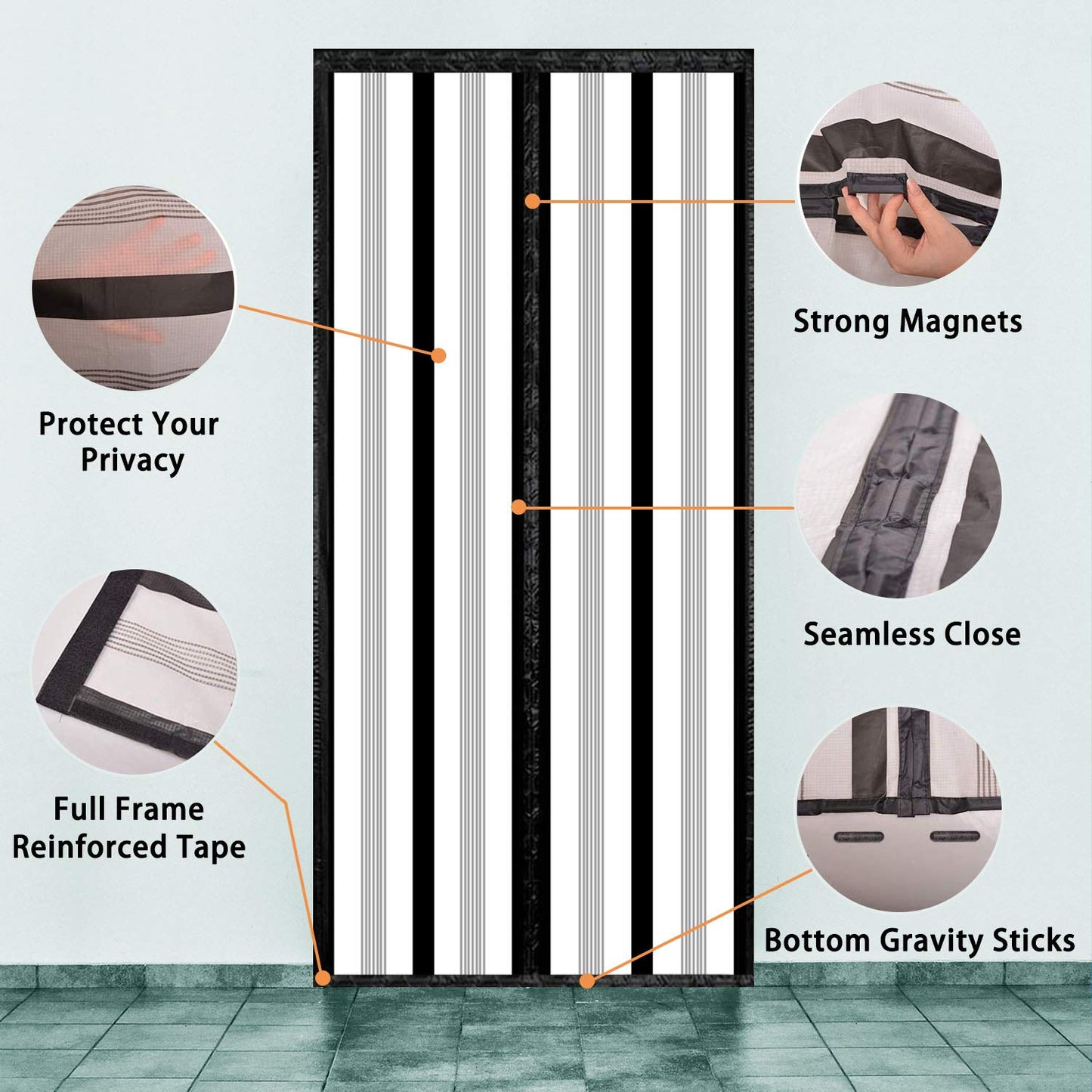 Insulated Door Curtain, Magnetic Thermal Door Cover Screen Door Self-Closing Privacy Magnetic Screen Door Hands Free for Patio, Kitchen, Bedroom, Air Conditioner Room, Fits Doors up to 36" x 82",Black