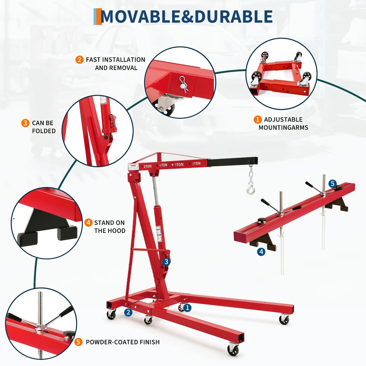 2 Ton Folding Hydraulic Engine Hoist with 59 in Load Leveler 4400 LBS Capacity Heavy Duty Cherry Picker 6 Swivel Wheels,Engine Support Bar 1100 LBS Capacity for Garage Workshop Warehouse Red
