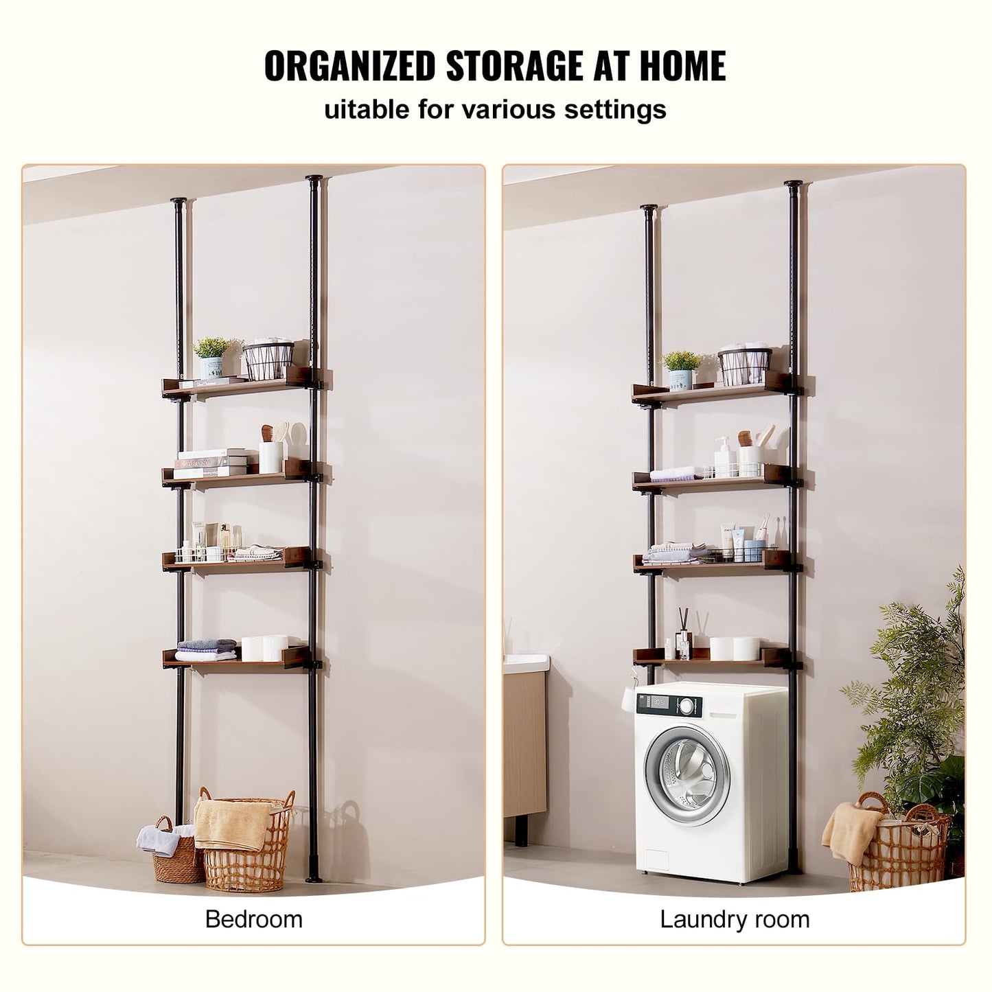 VEVOR Over the Toilet Storage, 4-Tier Adjustable Over Toilet Bathroom Organizer, Low-carbon Steel 53"-132" Tall Storage Shelf Rack, Easy Assembly Laundry Space Saver, for Small Rooms, Fit Most Toilets