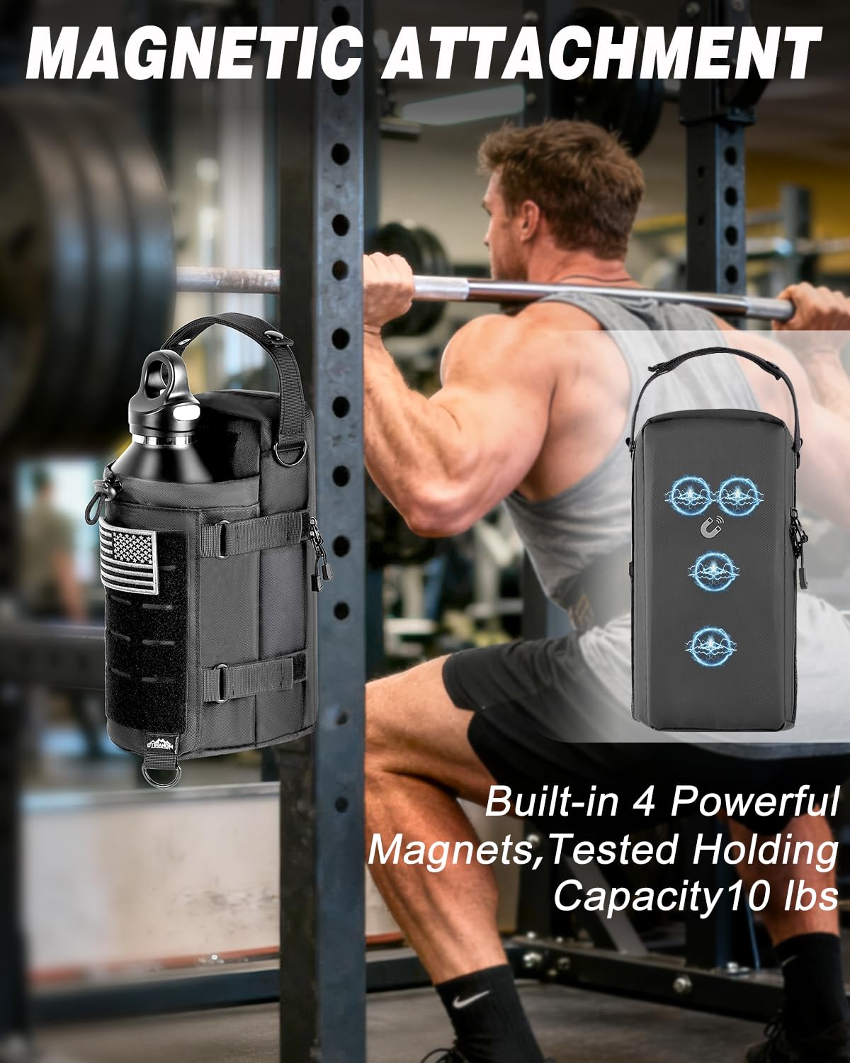 Magnetic Gym Bag for Men - Water Bottle Carrier Holder Bag with Shoulder Strap, 4 Built-in Magnets Gym Gifts for Men
