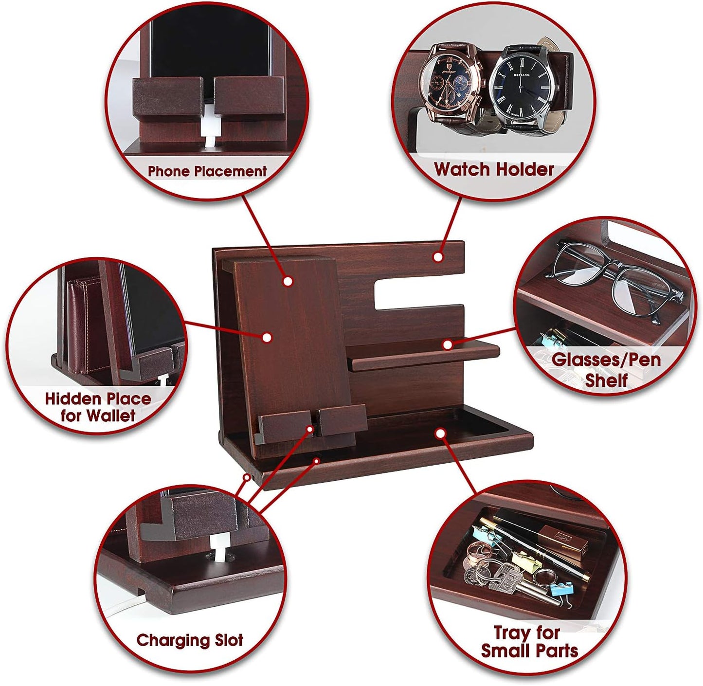 awofer Wood Phone Docking Station for Men - Wooden Nightstand Organizer - Personalized Idea for Him, Husband