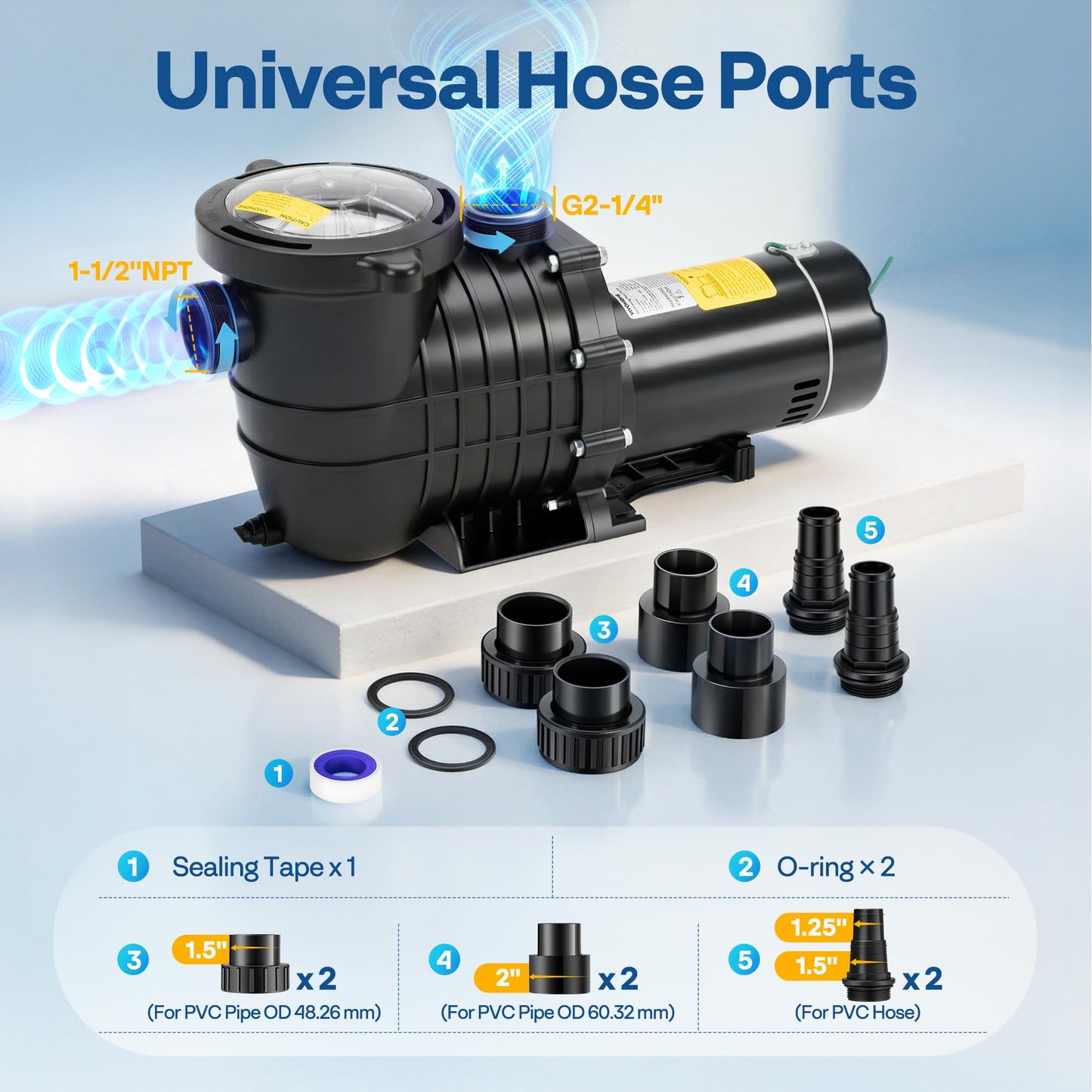 VIVOHOME 2.0HP 6500 GPH 115V Pool Pump, Self-Priming Energy Saving, 1.25" & 1.5" & 2" Inlet w/Strainer Basket for In/Above Ground Pools