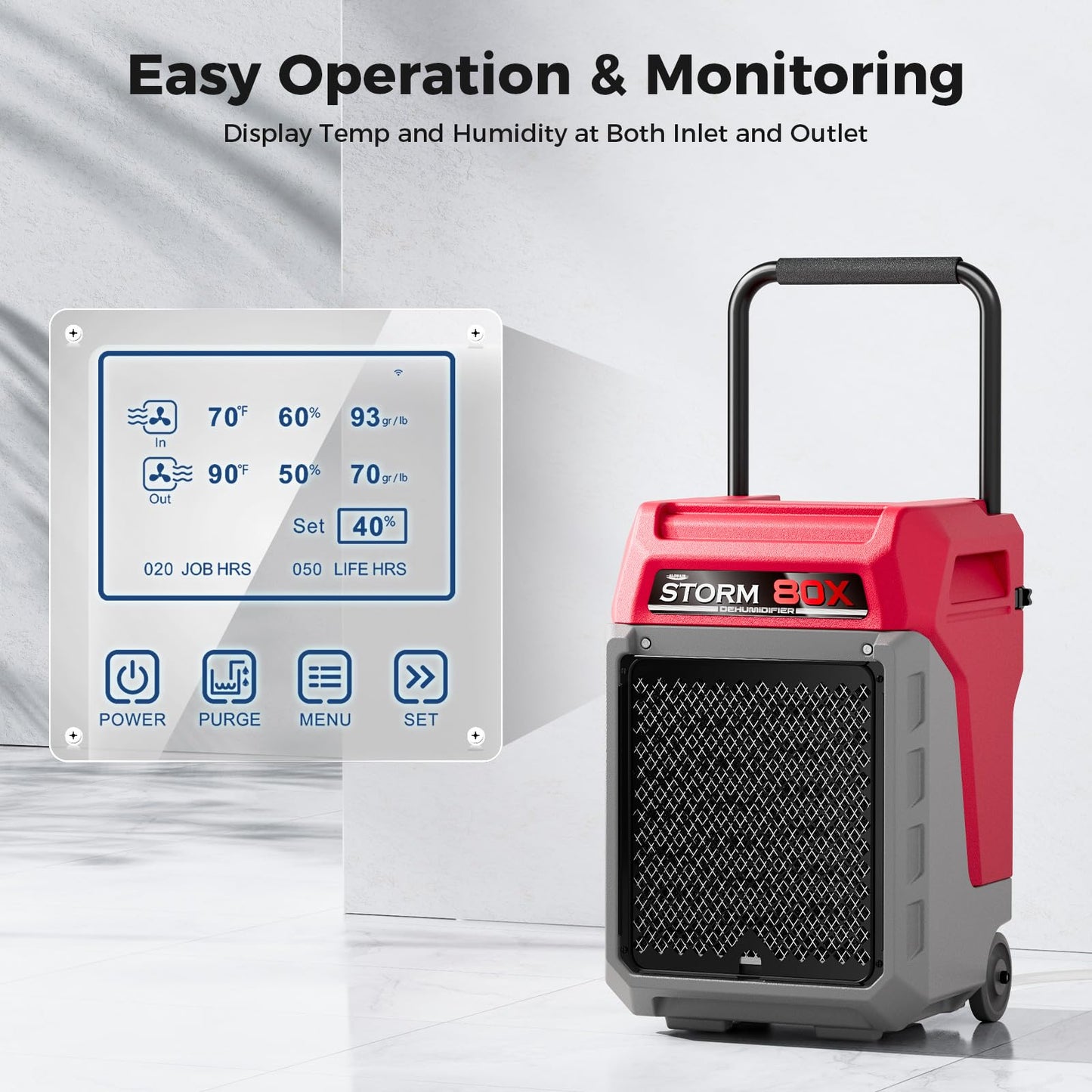 ALORAIR 170 PPD Commercial Dehumidifier with Pump & Drain Hose, LGR Industrial Use, Portable Dehumidifier with Wheels for Water Damage Restore, Carpet Drying, 6-Year Limited Warranty, Storm 80X (Red)