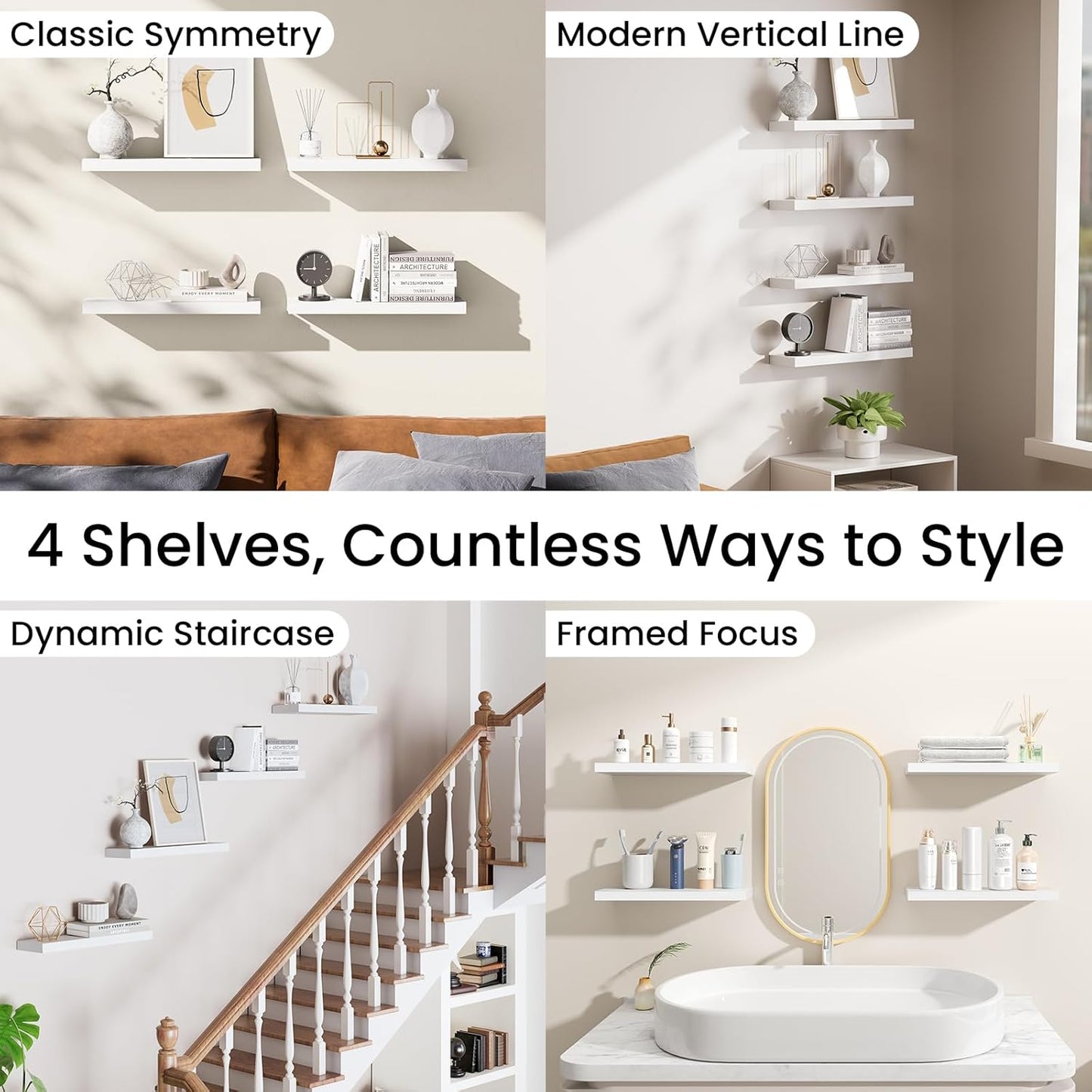 BAYKA Floating Shelves - Rustic Wall-Mounted Wood Shelves | 15.7in, Set of 4, 22lbs Capacity (White)