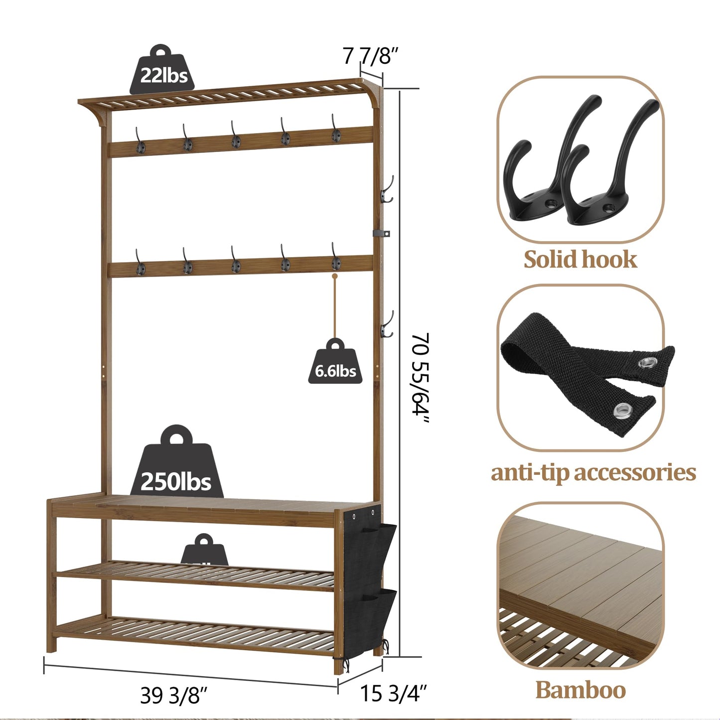 AMBIRD Hall Tree with bench and shoe storage, Entryway Bench with shoe storage, 6-in-1 Coat Rack with Cloth Bag and14 Coat Hooks, Sturdy Bamboo Frame, Large Size, Brown 39 * 15 * 70 Inches